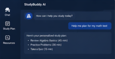 Screenshot of a chat with StudyBuddy AI showing a personalized study plan for math test preparation, including reviewing algebra basics, practicing problems, and taking a quiz.