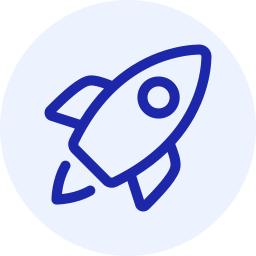 Rocket icon in blue outline on a circular white background.