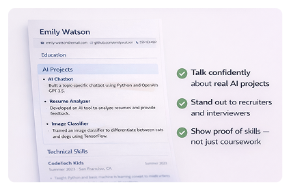A resume or CV on a white background with headings such as Education, AI Projects, and Technical Skills. The AI Projects include AI Chatbot, Resume Analyzer, and Image Classifier, each with brief descriptions. To the right, there are three green checkmarks with text indicating confidence in talking about real AI projects, standing out to recruiters, and showing proof of skills beyond coursework.