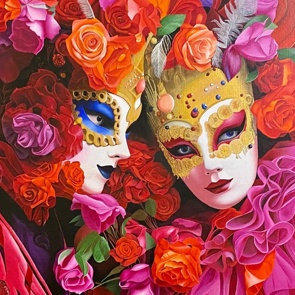 Détail des masques vénitiens dorés et des roses de Misteri Veneziani. Lydia Mériaux, artiste peintre