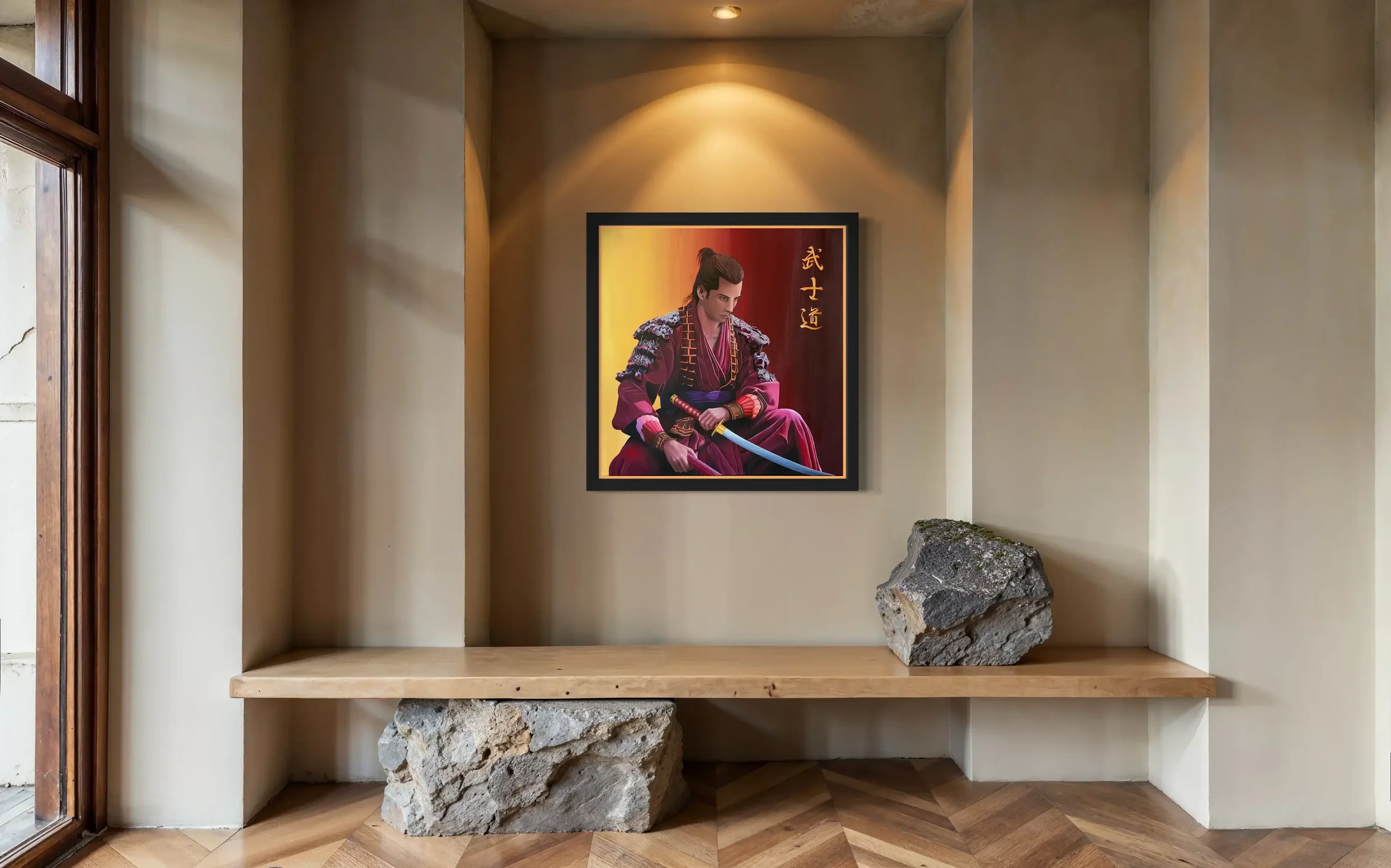 Samouraï l'esprit du Bushido mis en situation dans une niche architecturale zen. Lydia Mériaux, artiste peintre