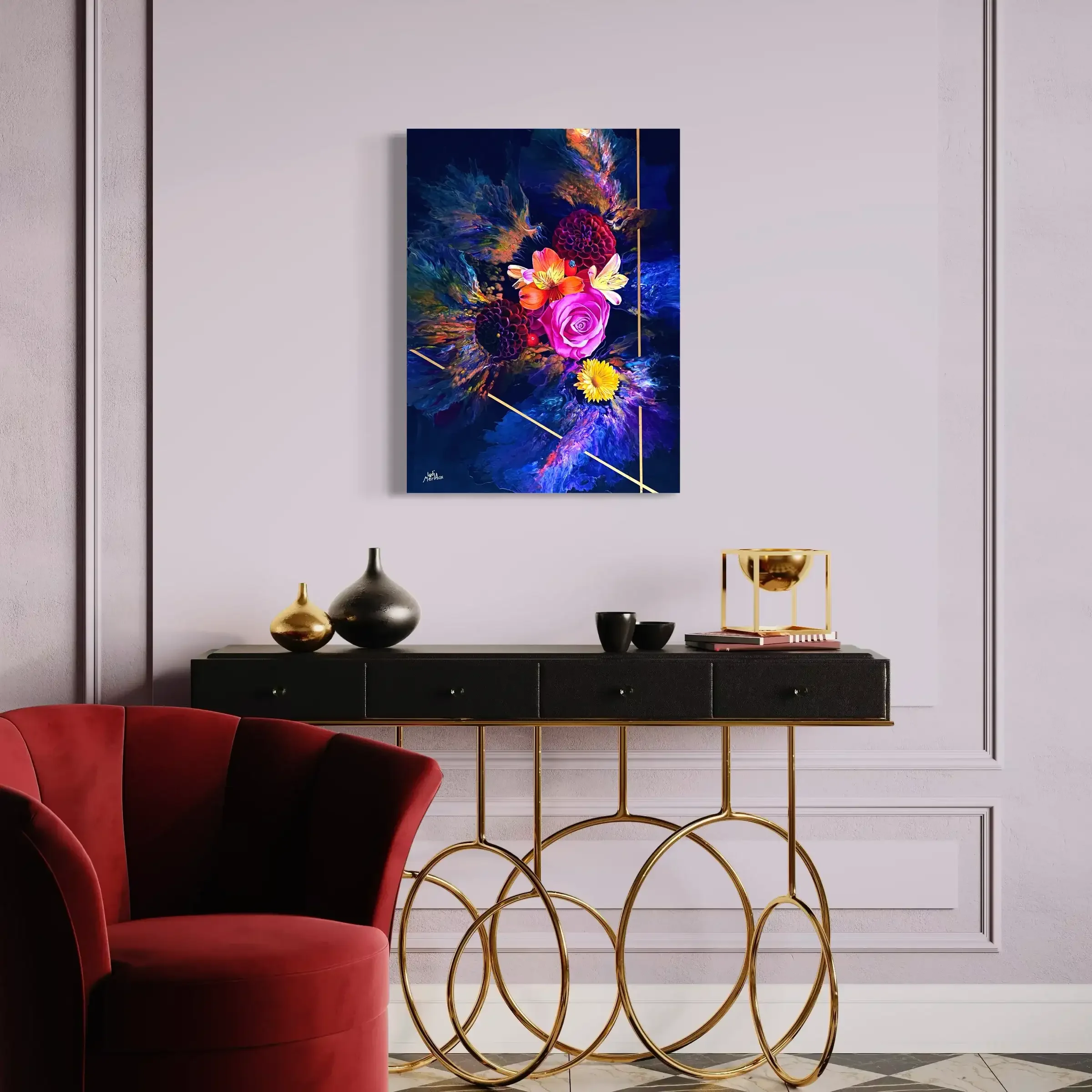 Fantaisie Florale mis en situation dans un intérieur glamour bordeaux et or — Lydia Mériaux, artiste peintre