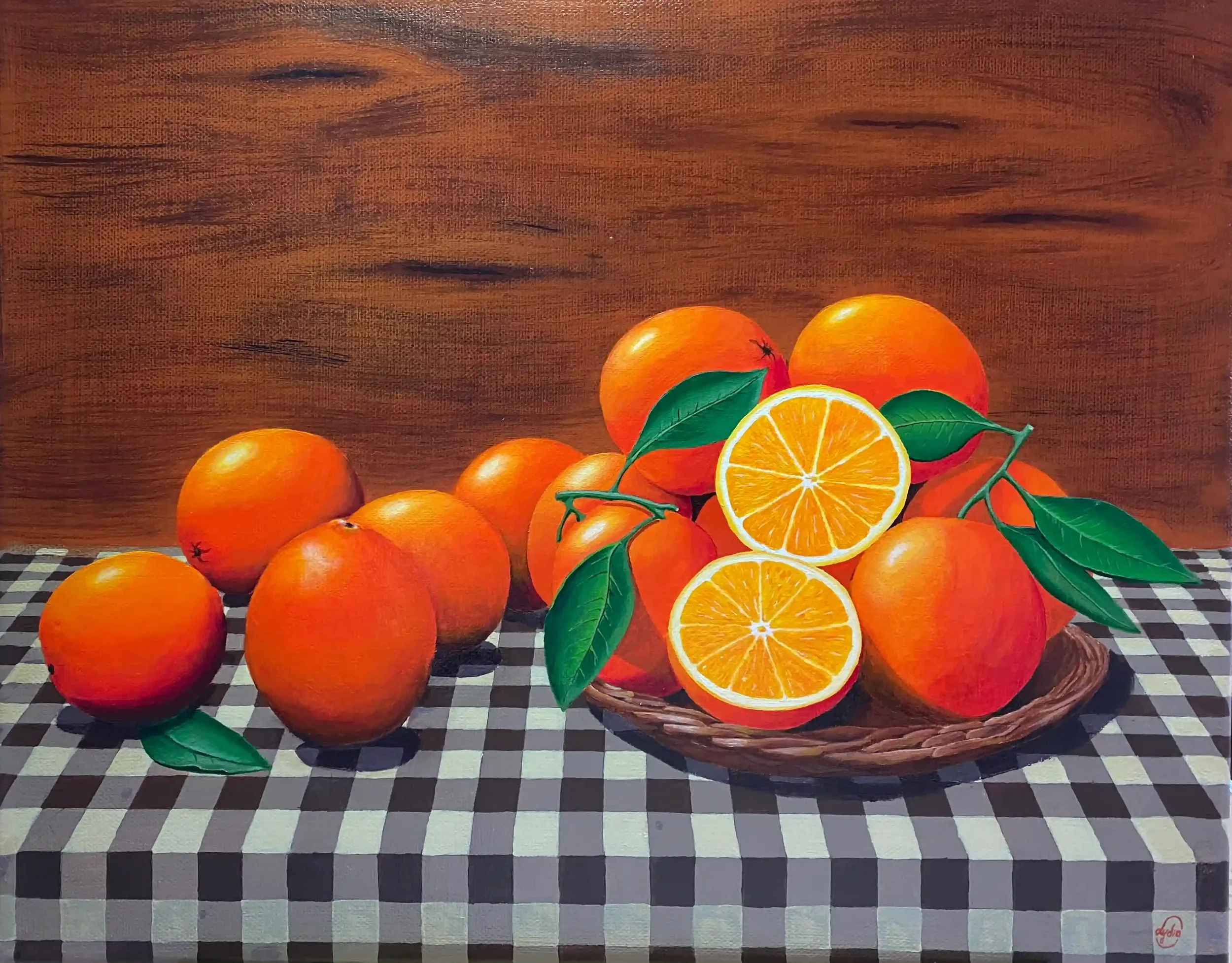toile de Lydia Mériaux, des oranges juteuse dans un panier nappe à carreux, devant un panneau de bois en osier posé sur une