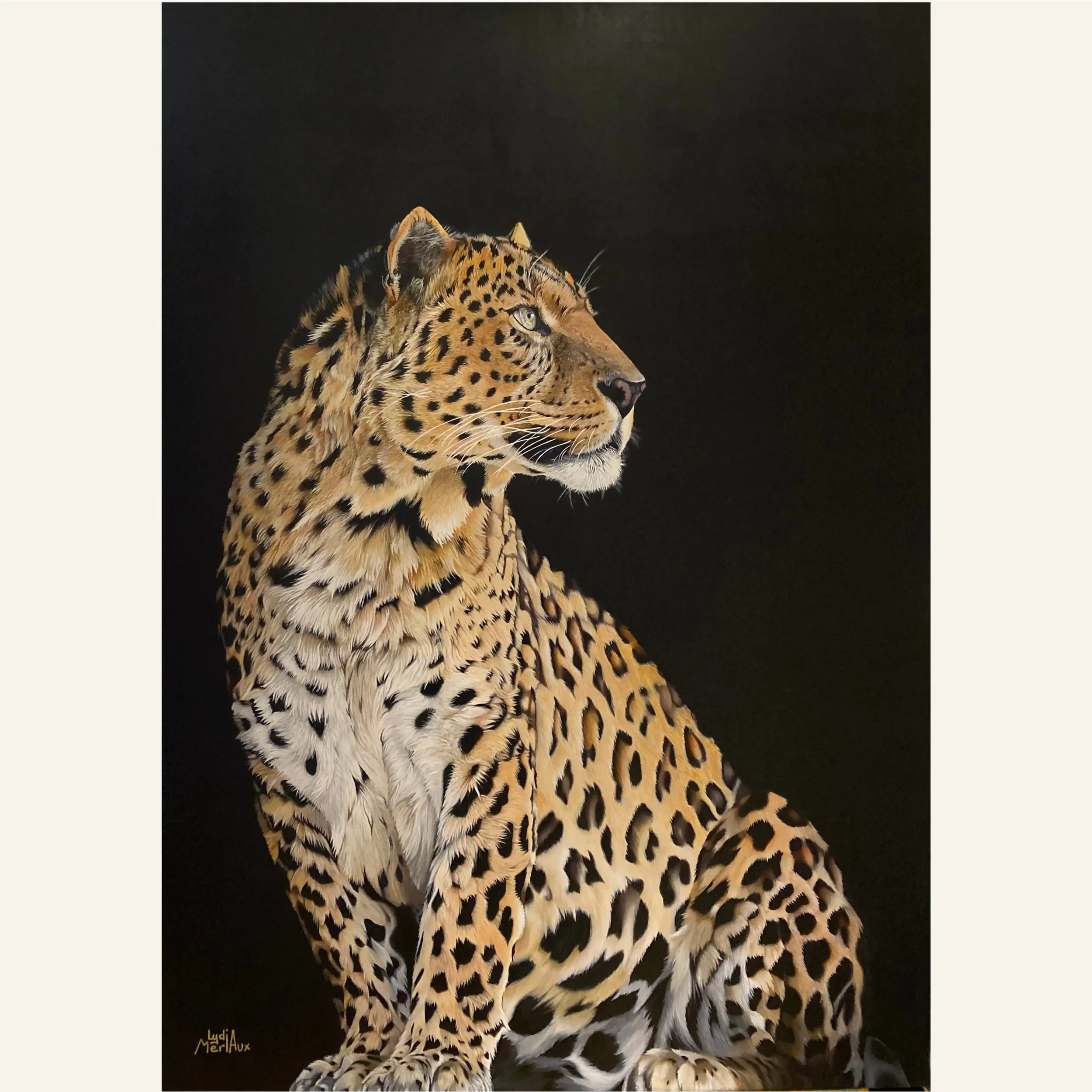 Léopard beauté sauvage, portrait animalier à la peinture acrylique 70x100 cm, Lydia Mériaux, artiste peintre