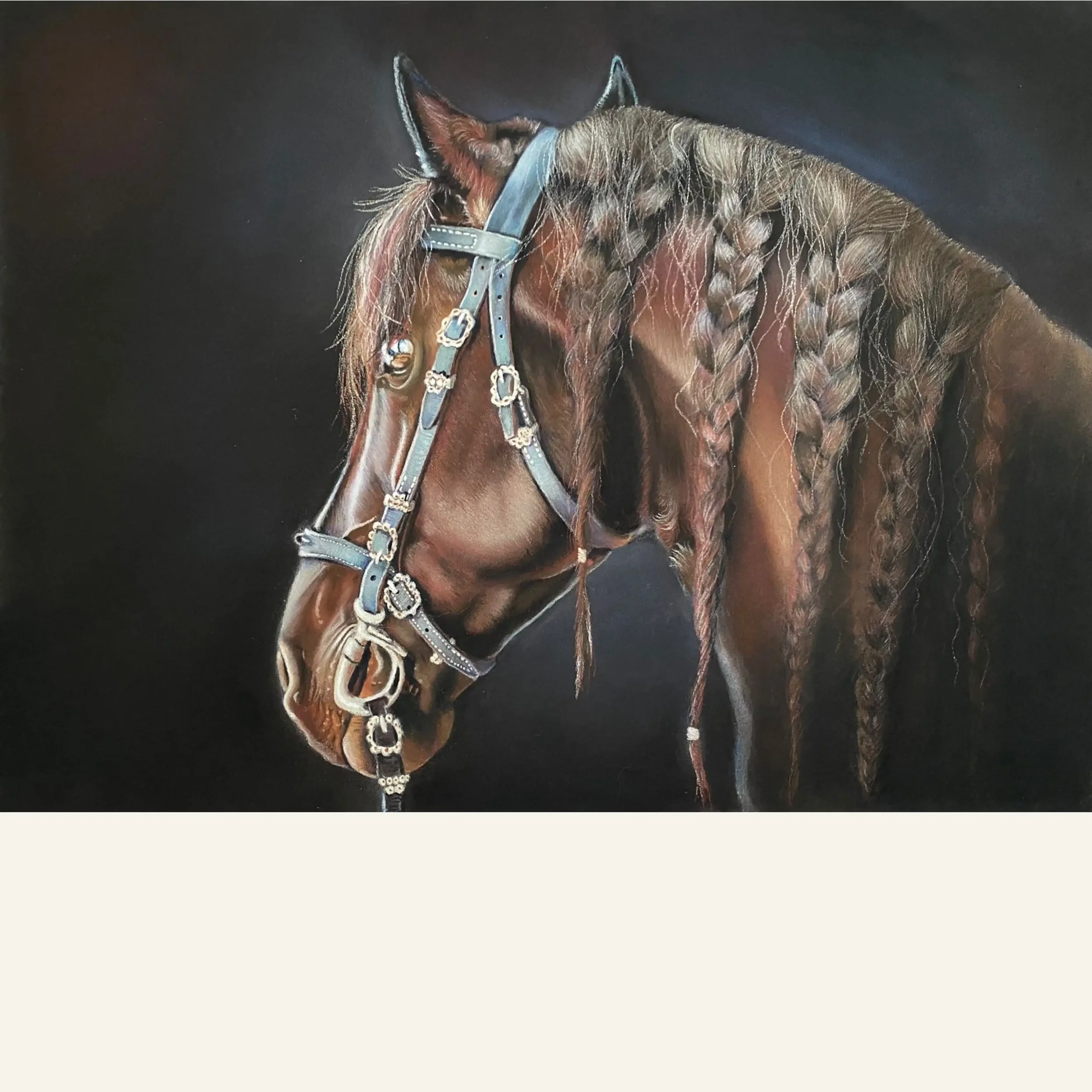 L'Andalou, portrait animalier cheval au pastel sec sur Pastelmat 30x40 cm. Lydia Mériaux, artiste peintre