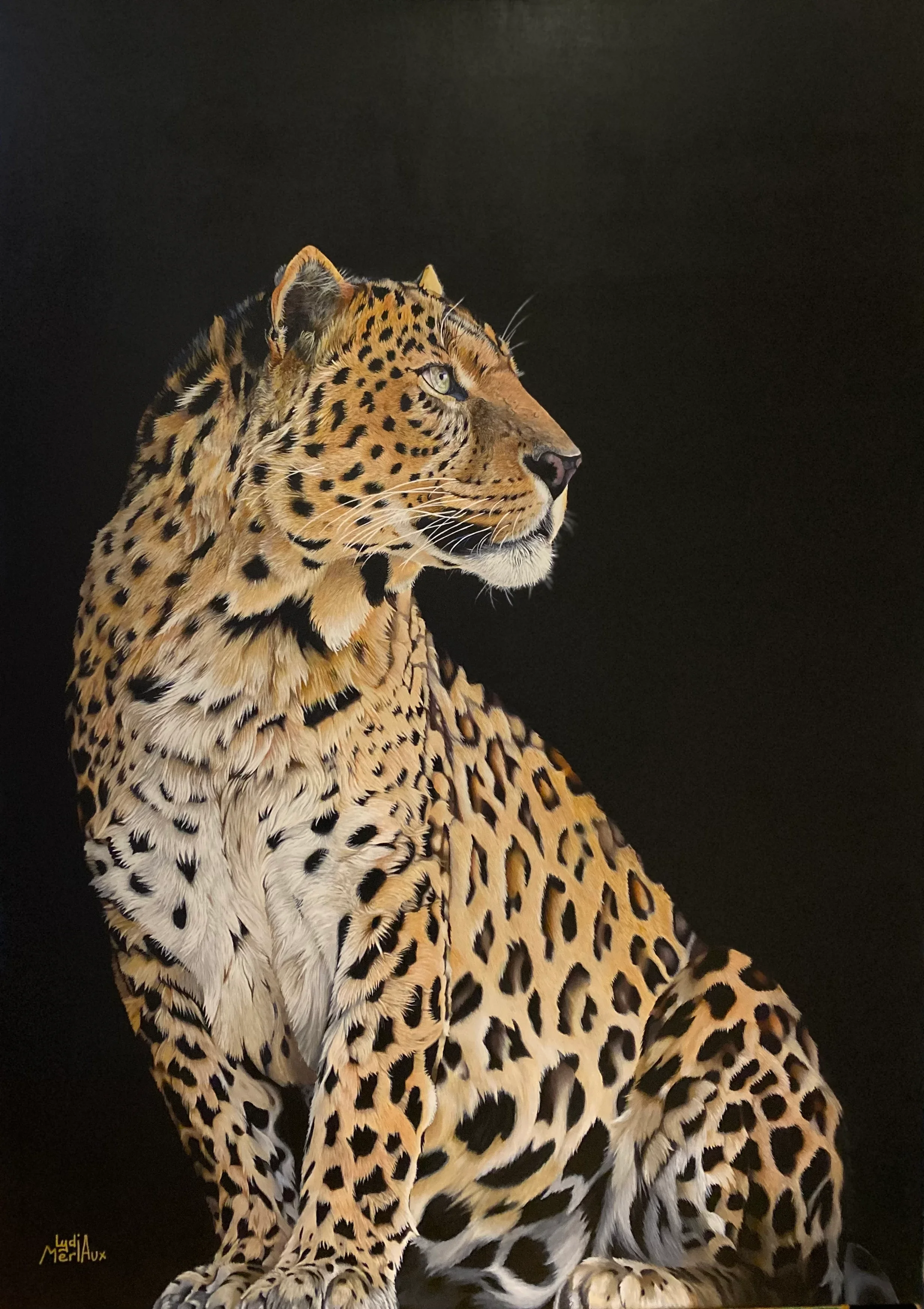 Portrait de léopard à la peinture acrylique, réalisme animalier peint à la main par Lydia Mériaux, artiste peintre en Picardie