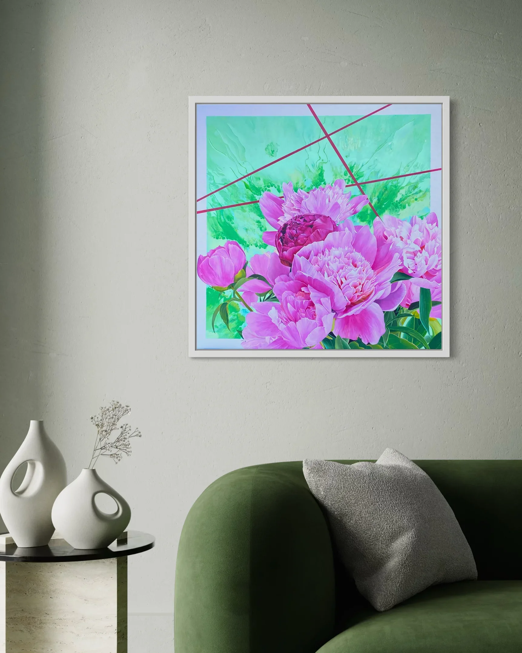 Gracieuses Pivoines mis en situation dans un salon contemporain vert sauge. Lydia Mériaux, artiste peintre