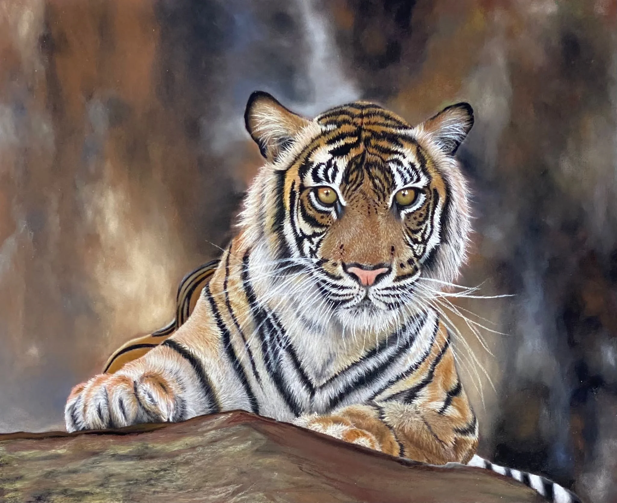 Portrait animalier de tigre au pastel sec, art animalier réaliste peint à la main par Lydia Mériaux, artiste peintre en Picardie.