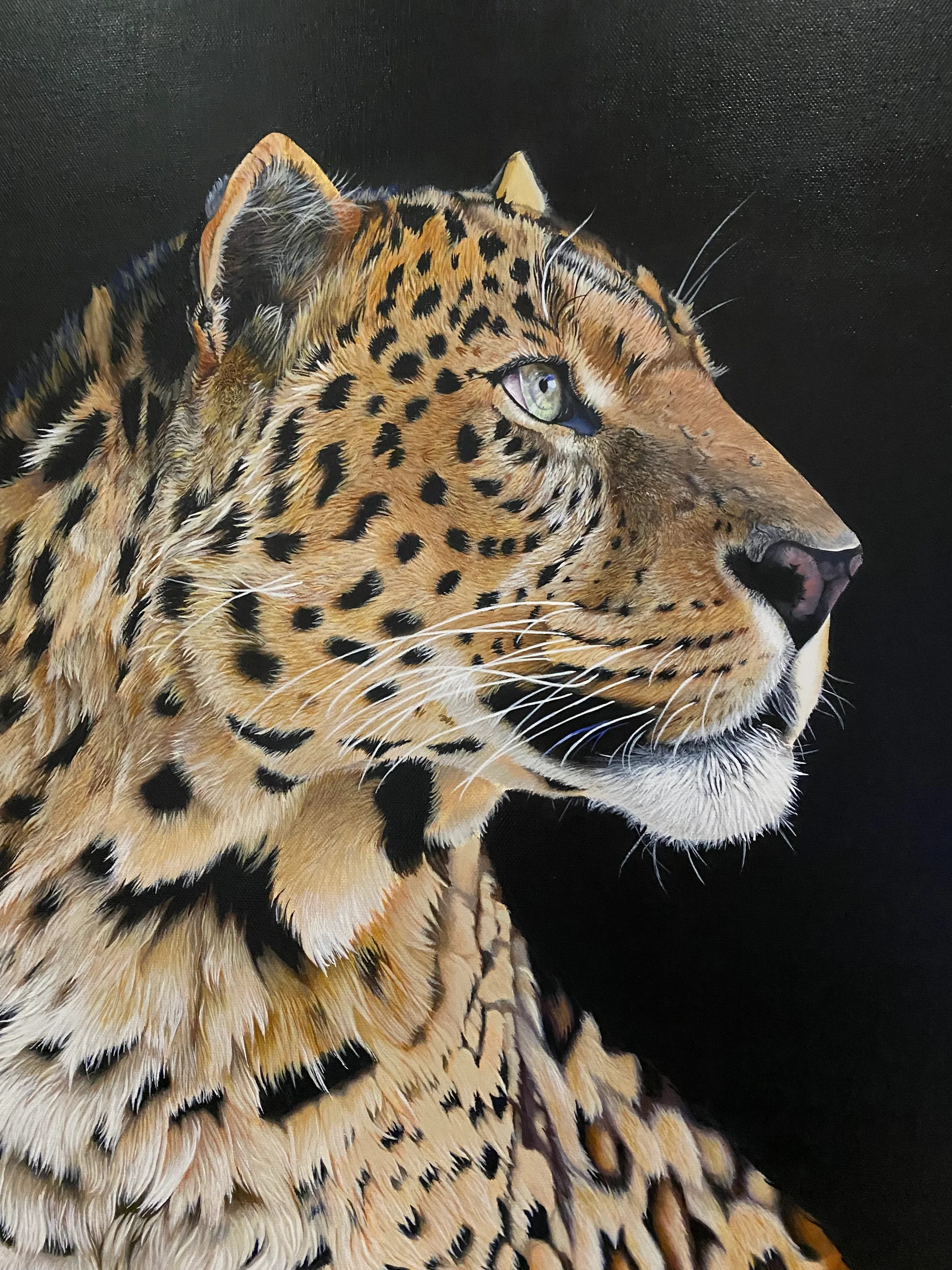 Détail du regard du léopard, peinture acrylique sur toile — Lydia Mériaux, artiste peintre