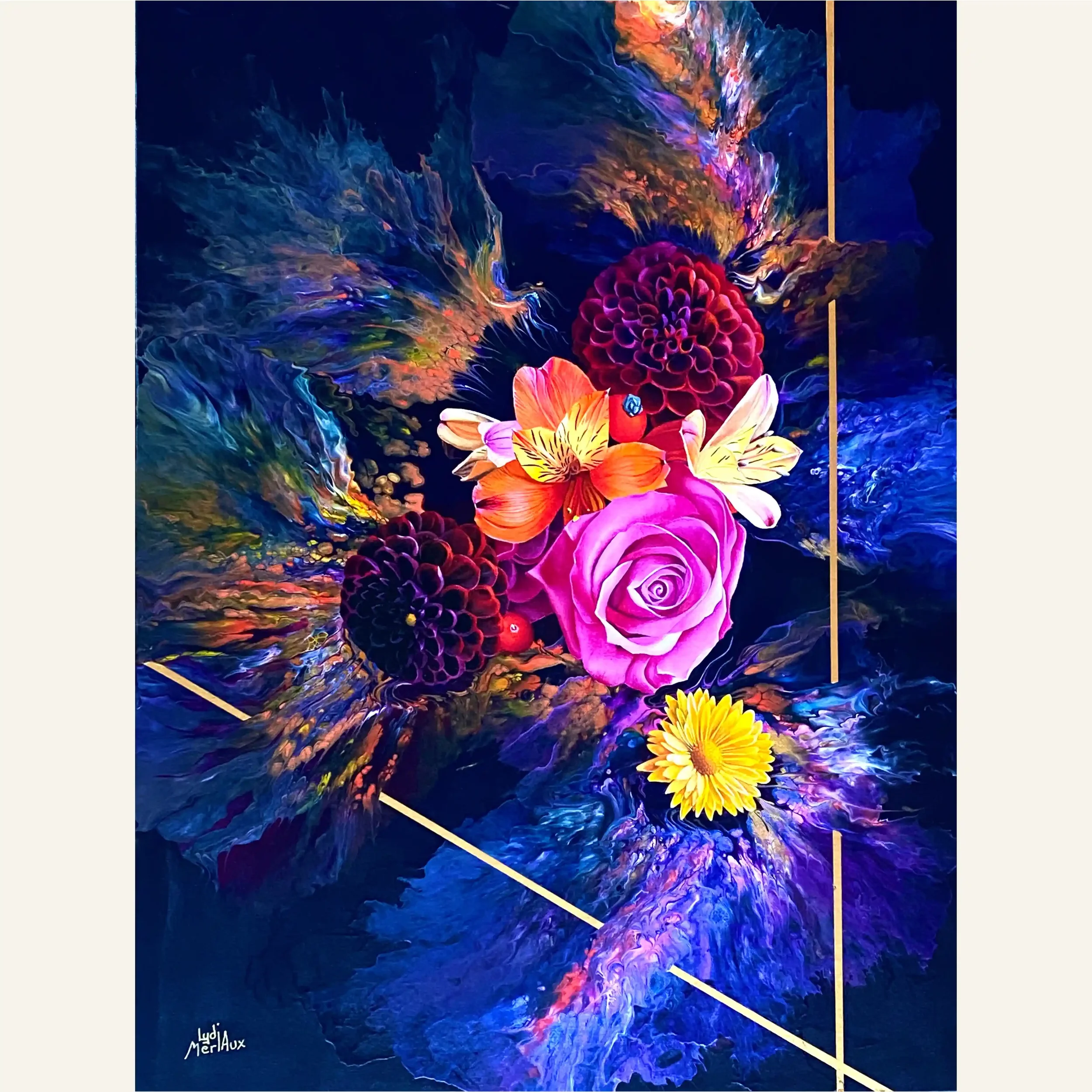 Fantaisie Florale, acrylique fluide et réaliste sur toile de coton 60x80 cm. Lydia Mériaux, artiste peintre