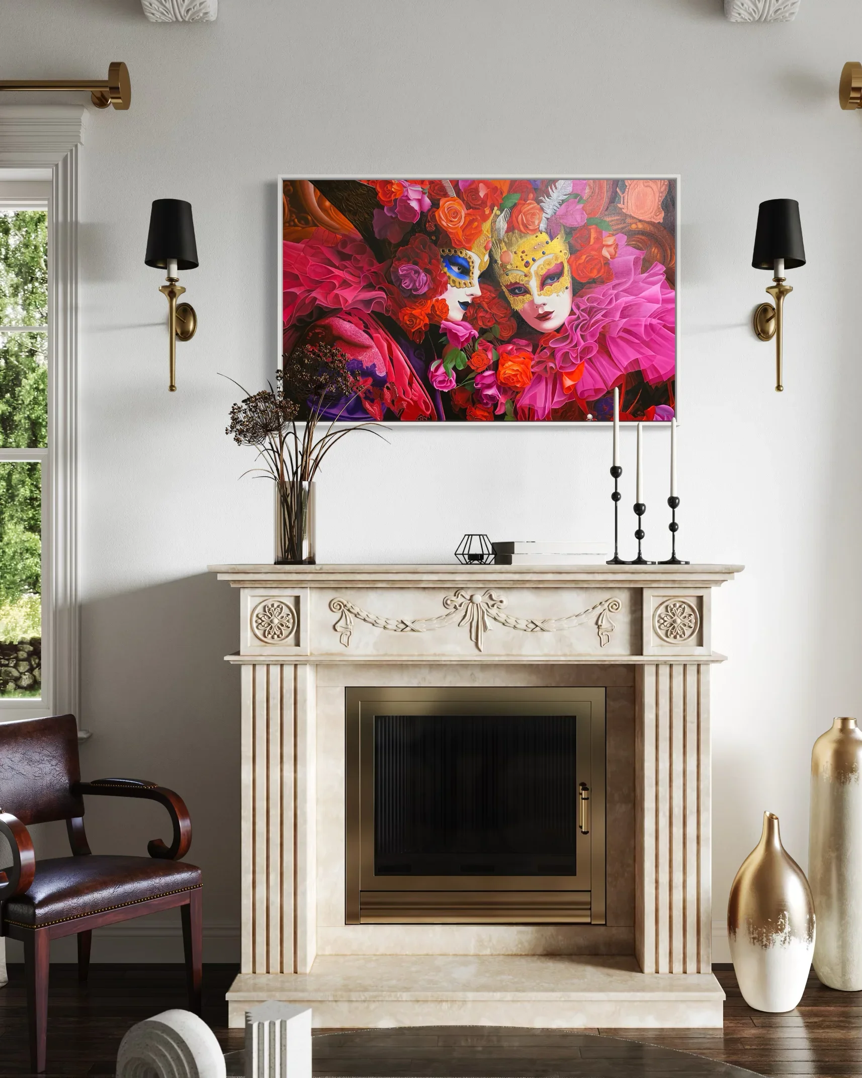 Misteri Veneziani mis en situation au-dessus d'une cheminée dans un salon classique chic. Lydia Mériaux, artiste peintre