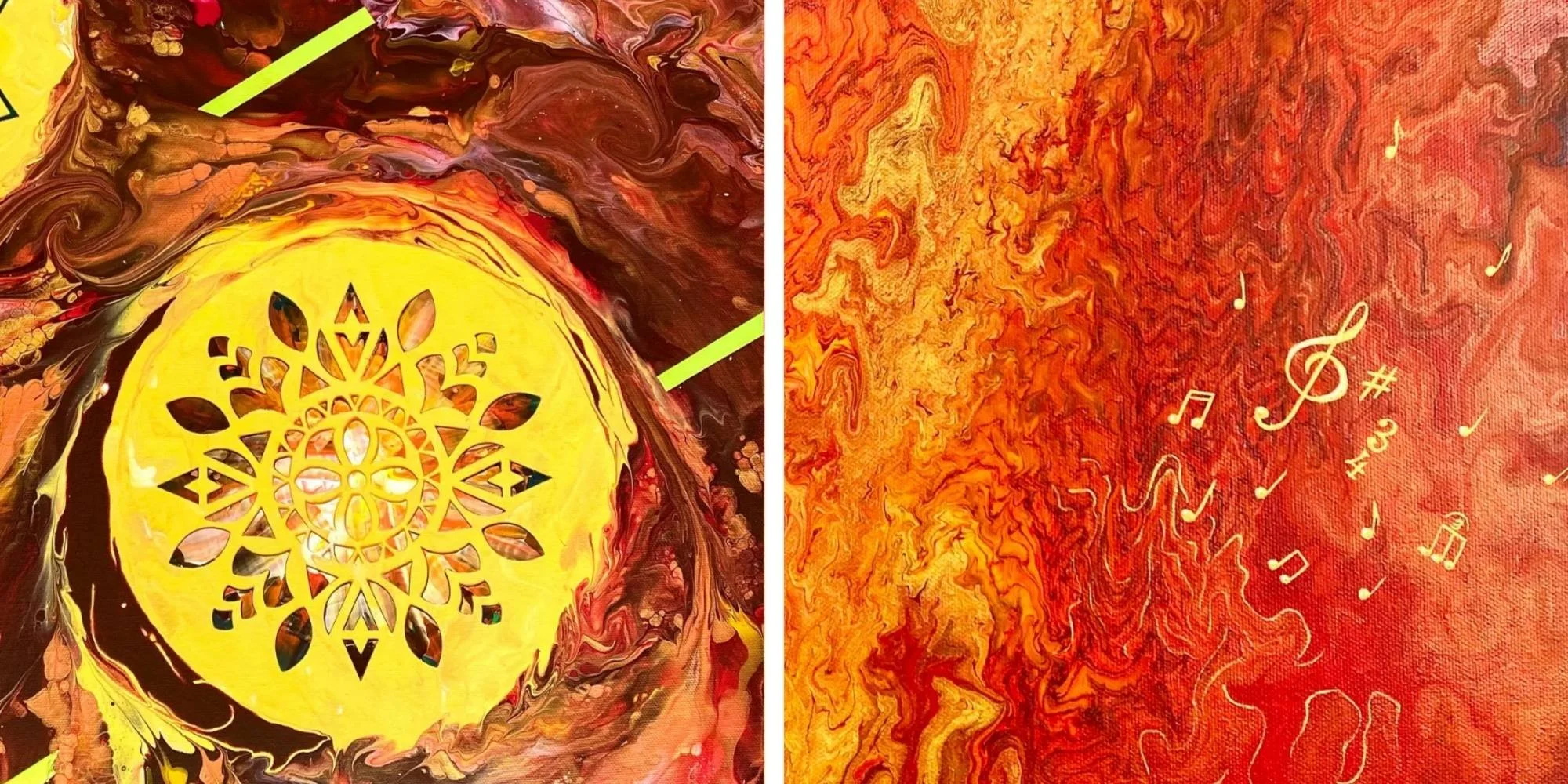 détails d'embellissements réalisés sur des toiles d'art abstrait à l'acrylique fluide par Lydia Mériaux artiste peintre