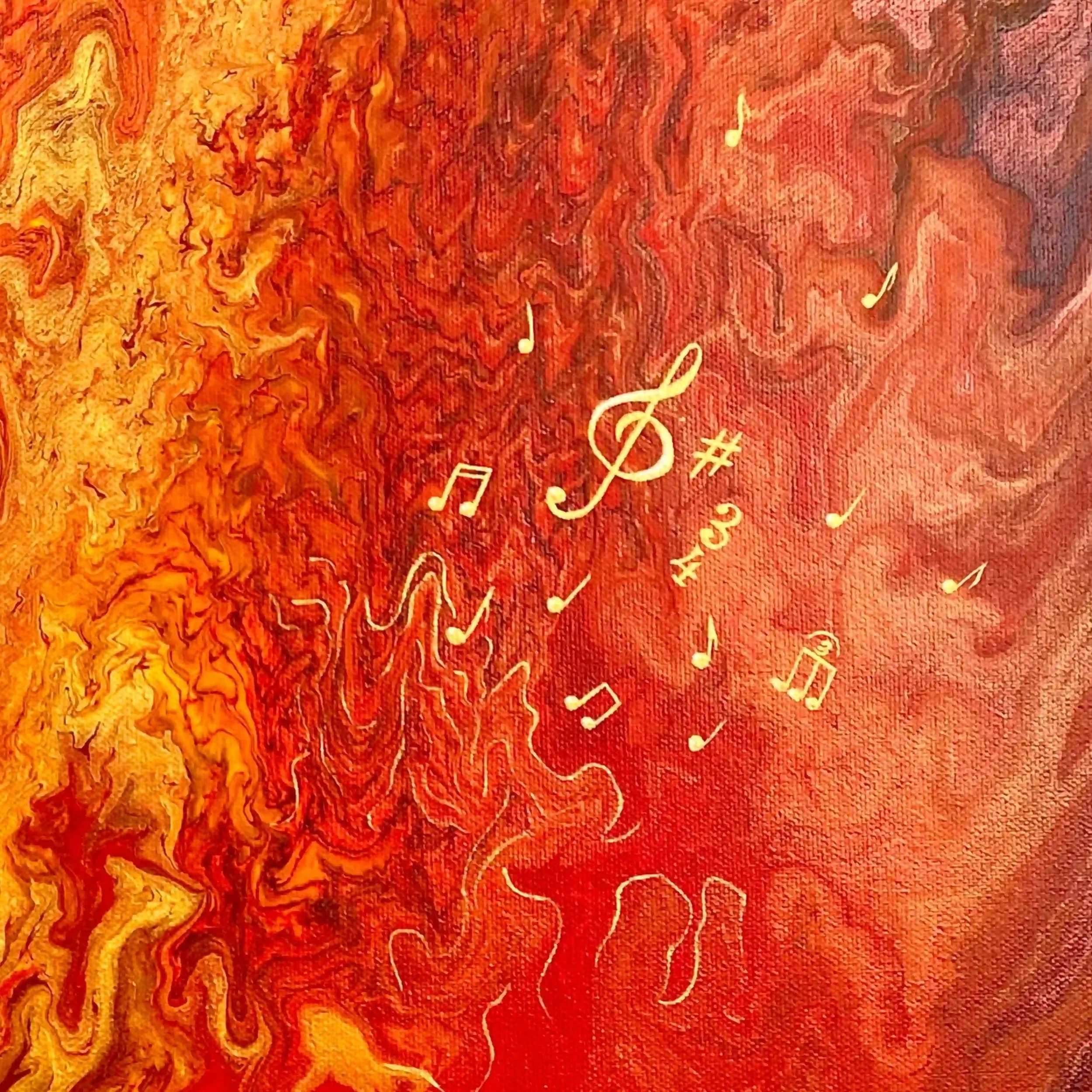 Détail des notes de musique à la feuille dorée de Saxo Vibrato, acrylique fluide. Lydia Mériaux, artiste peintre