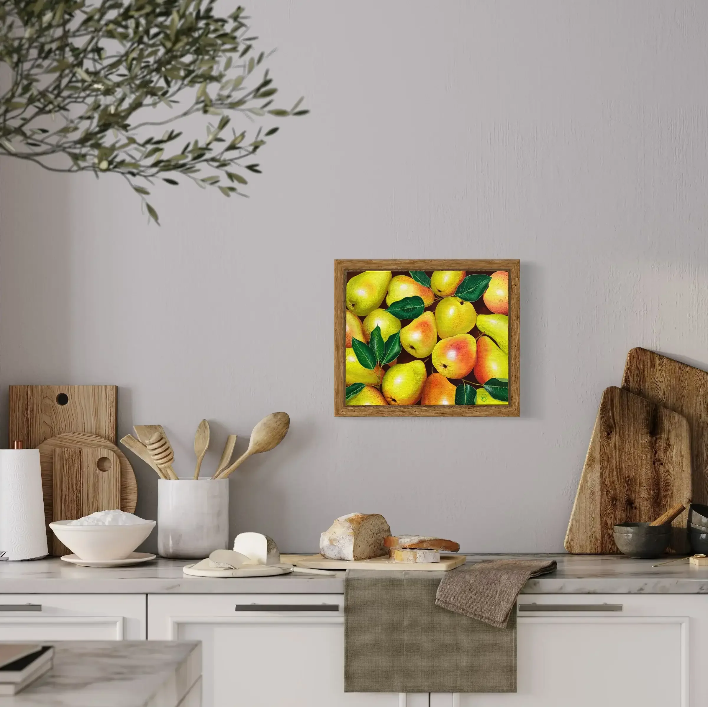 Les Poires mis en situation dans une cuisine scandinave lumineuse. Lydia Mériaux, artiste peintre