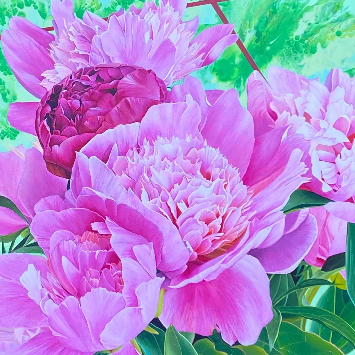 Détail des pivoines roses peintes à l'acrylique sur fond abstrait vert. Lydia Mériaux, artiste peintre