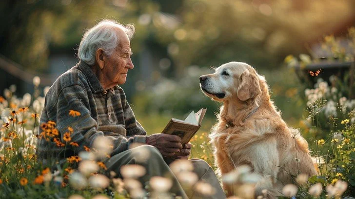 un homme âgé assis dans son jardin tient à livre à la main et regarde son chien assis devant lui