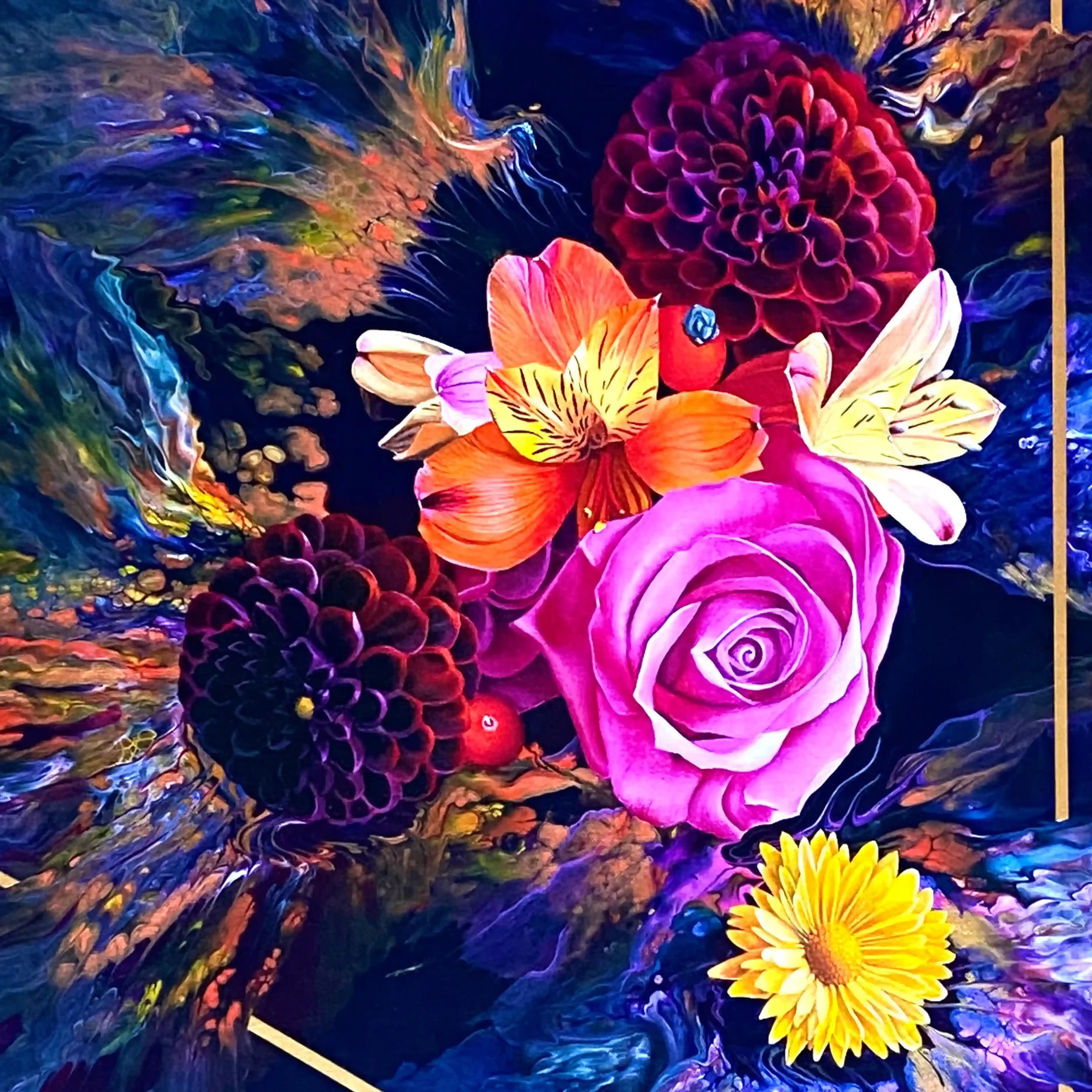 Détail du bouquet multicolore de Fantaisie Florale sur fond abstrait bleu nuit. Lydia Mériaux, artiste peintre