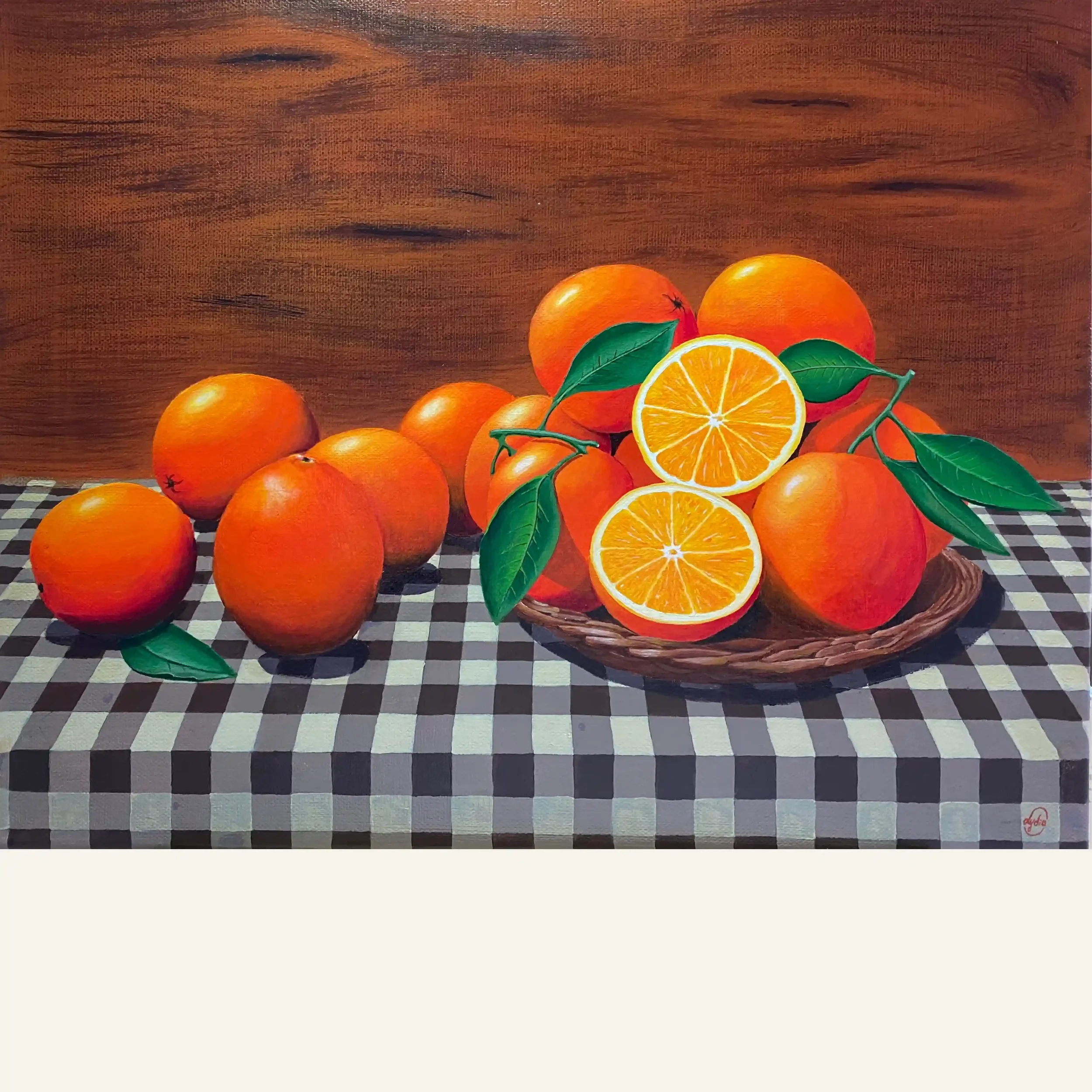Les Oranges, peinture acrylique sur toile de coton 41x33 cm encadrée caisse américaine chêne. Lydia Mériaux, artiste peintre