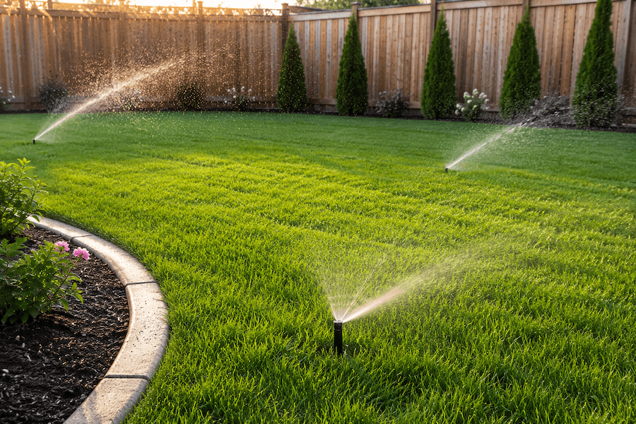 A backyard with green grass, a curved flower bed with plants, and multiple sprinklers watering the lawn.