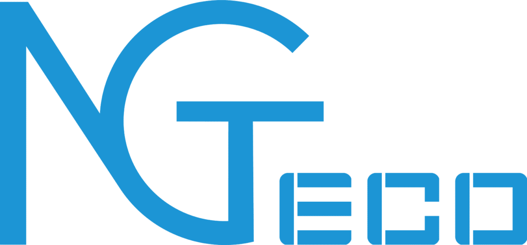 Logo de la empresa NGTeco con letras azules y diseño contemporáneo.