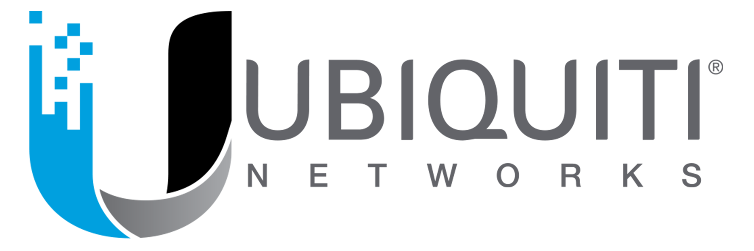 Logotipo de UBIQUITI con letras en colores negro y gris, y un diseño estilizado con línea azul en la parte superior.