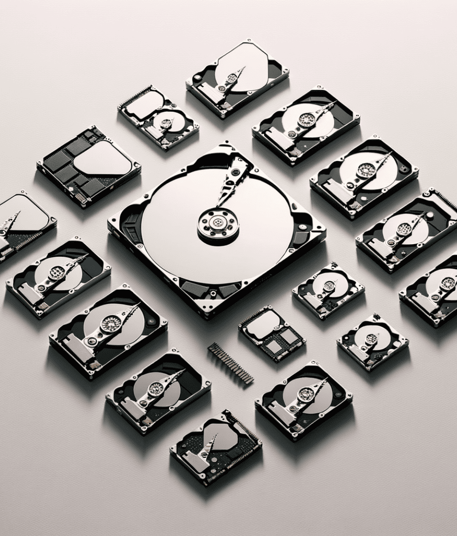 Discos duros de computadora de diferentes tamaños y capacidades distribuidos en una mesa.