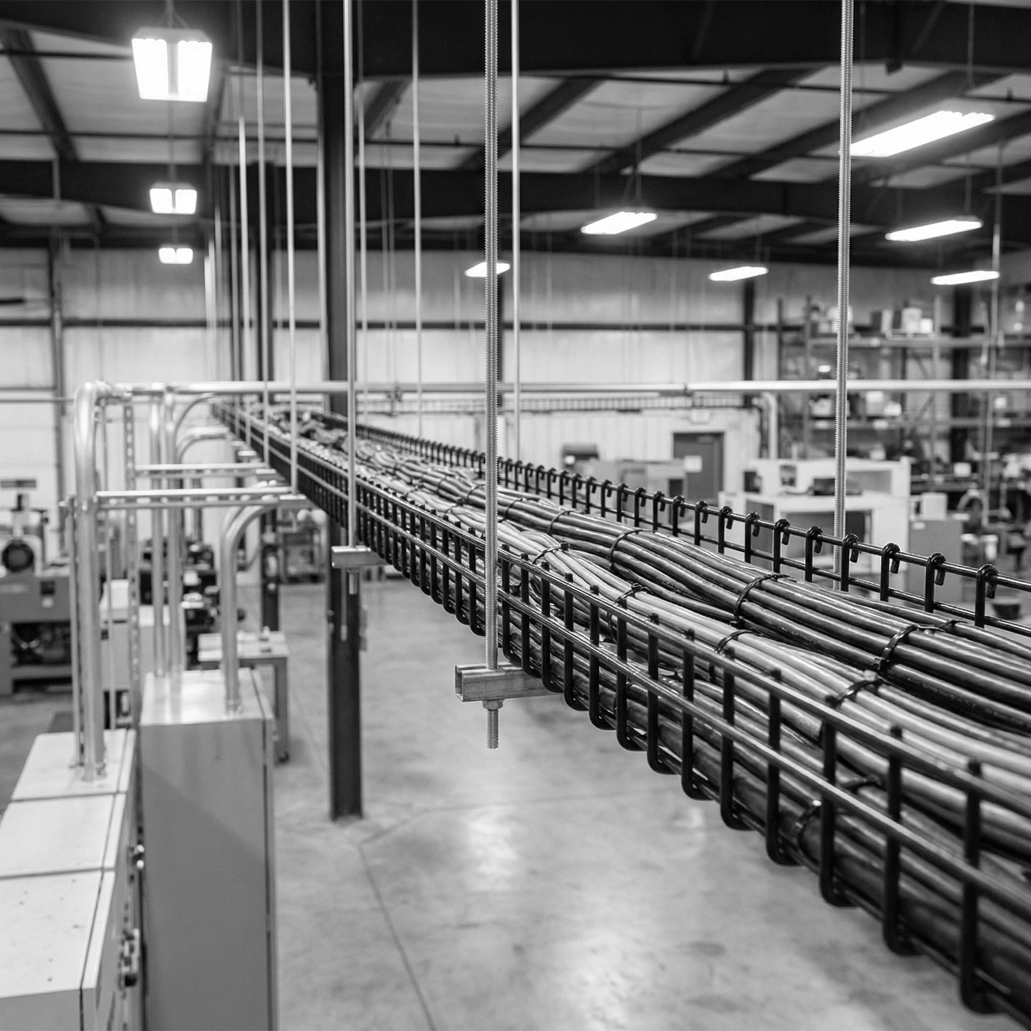 Interior de una fábrica con líneas de producción y estructuras metálicas en un espacio amplio y bien iluminado.