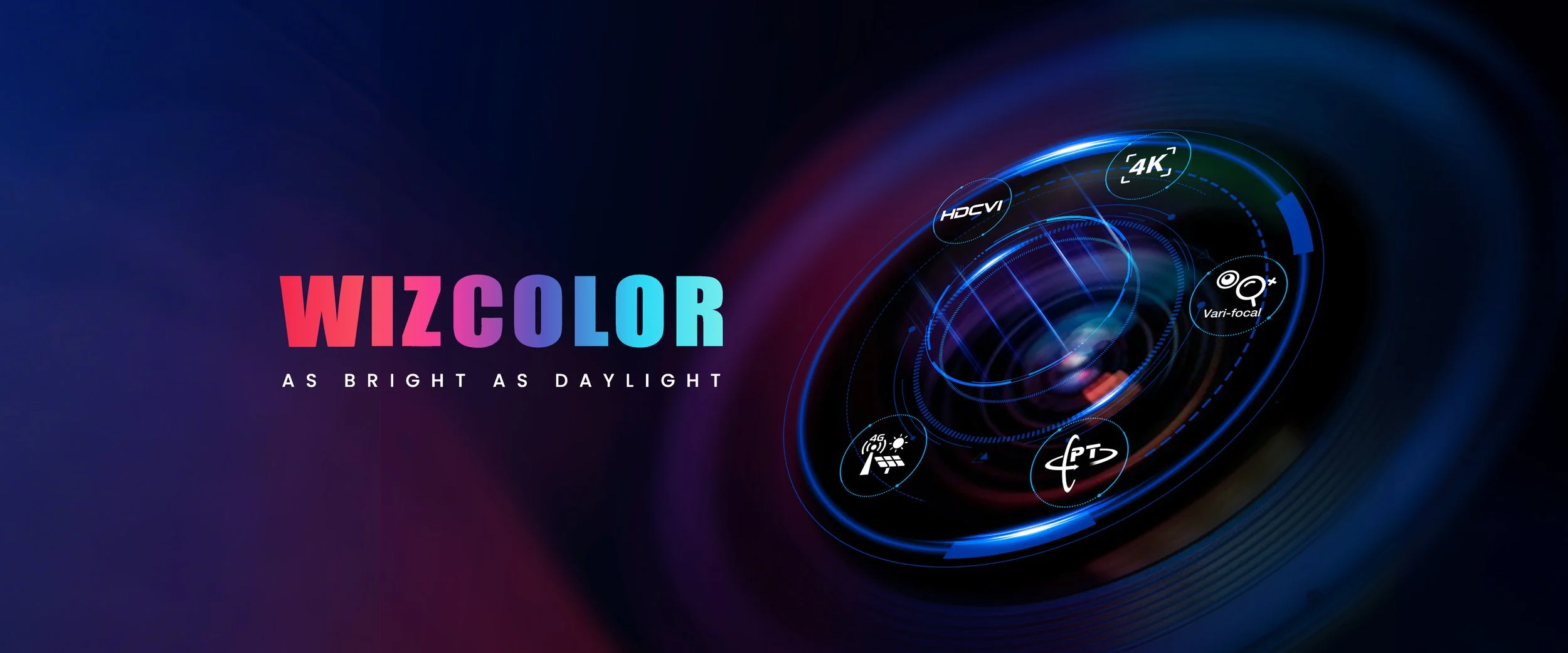 Imagen promocional para la cámara WizColor que destaca sus características, incluyendo soporte para 4K, HDR CVI, vari-focal y compatibilidad con 4G y energía solar, con la frase 'Tan brillante como la luz del día'.