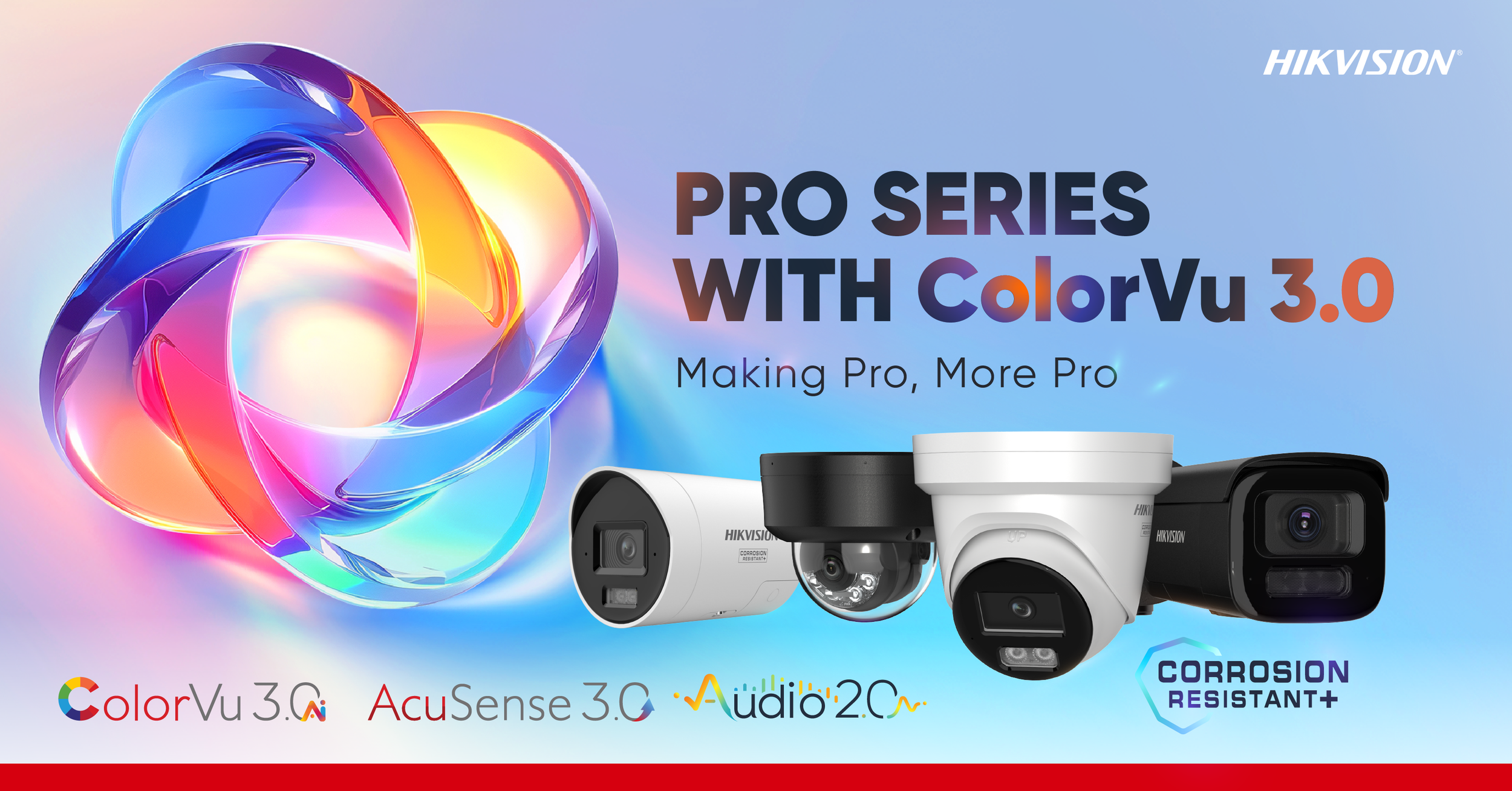 Publicidad de cámaras de seguridad Hikvision, destacando la serie PRO con ColorVu 3.0 y otras funciones como AcuSense 3.0, audio 2.0, resistencia a la corrosión y tecnología avanzada en cámaras, con un fondo colorido y logotipos de varias tecnologías.