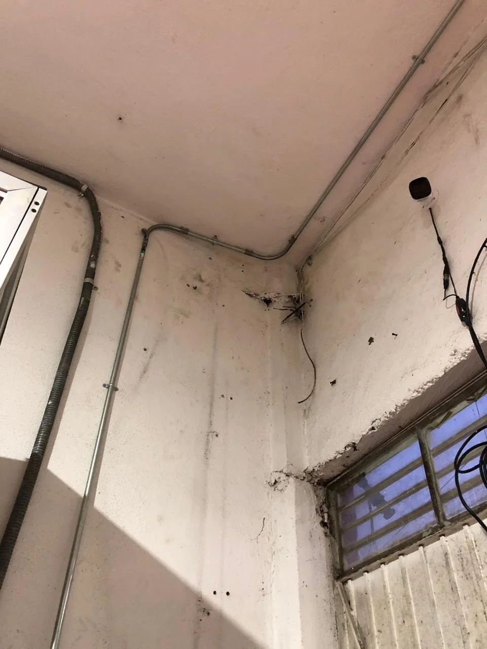 Pared y techo de un cuarto con daños y humedad, cables eléctricos expuestos, una lámpara colgando y una pequeña ventana con barrotes.