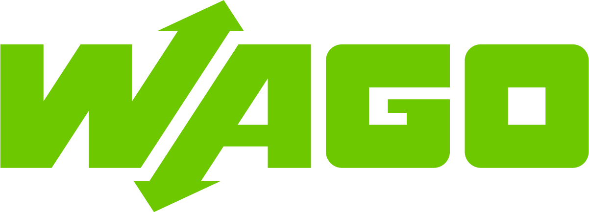 Logotipo de WAGO en letras verdes con un diseño moderno.