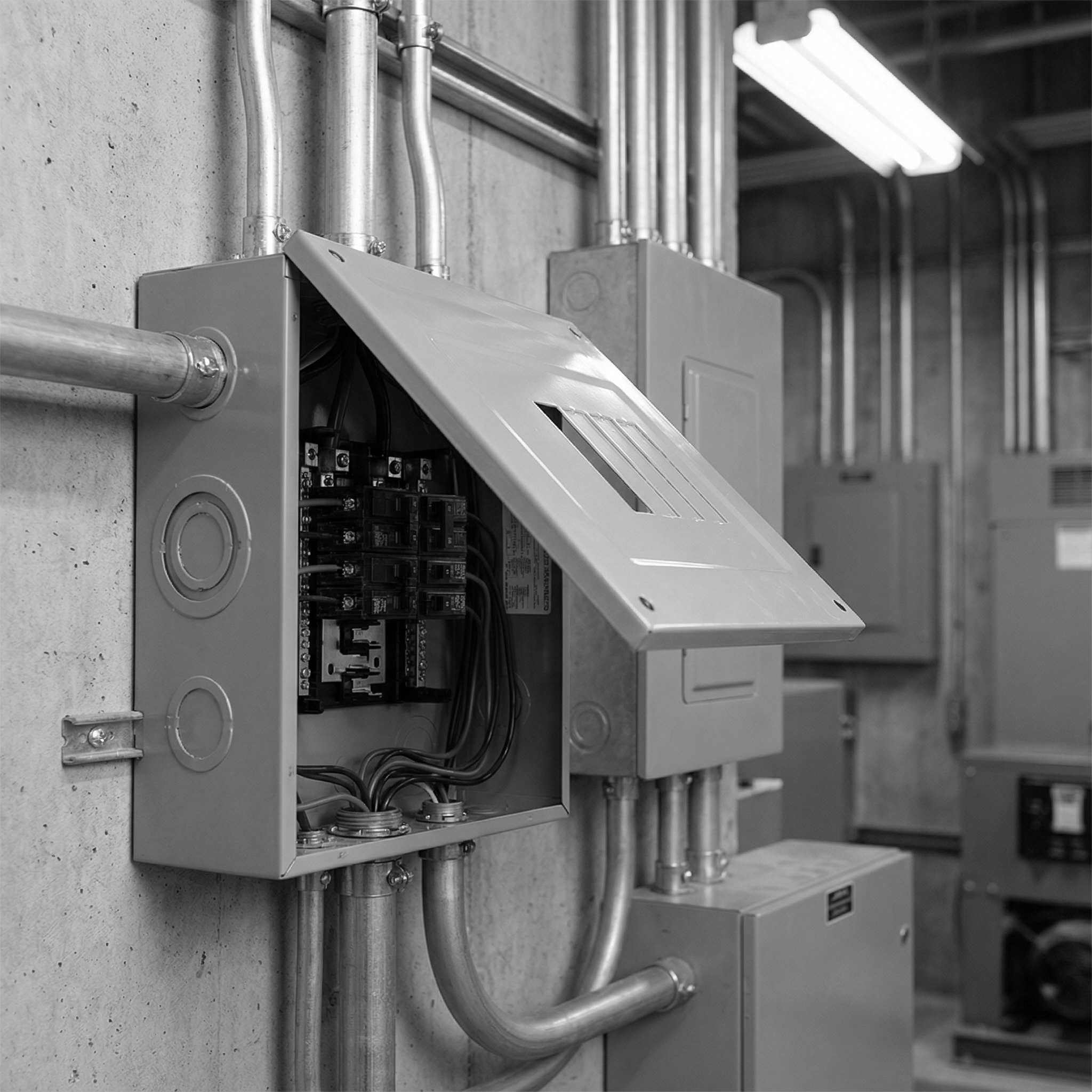 Panel eléctrico con cables y tuberías de metal en un entorno industrial.