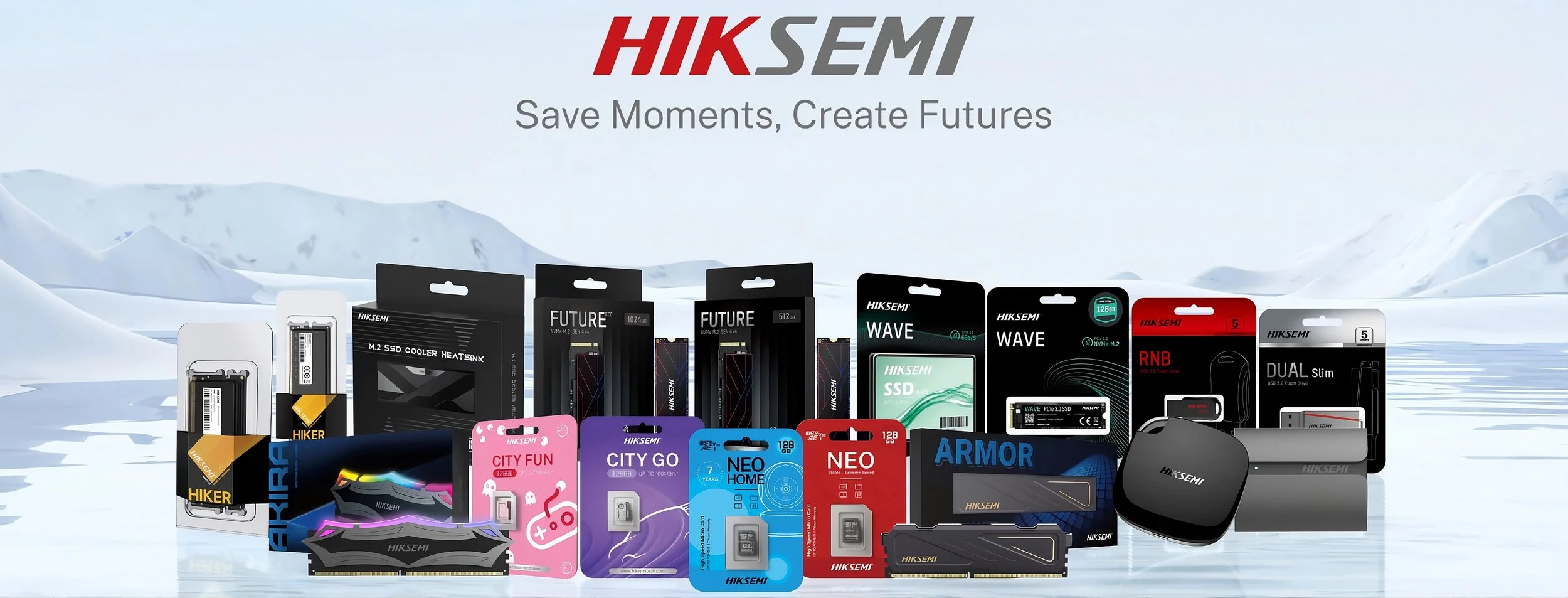 Publicidad de productos tecnológicos de la marca Hiksemi, incluyendo tarjetas de memoria, discos duros y accesorios, con fondo de paisaje invernal con nieve y montañas.
