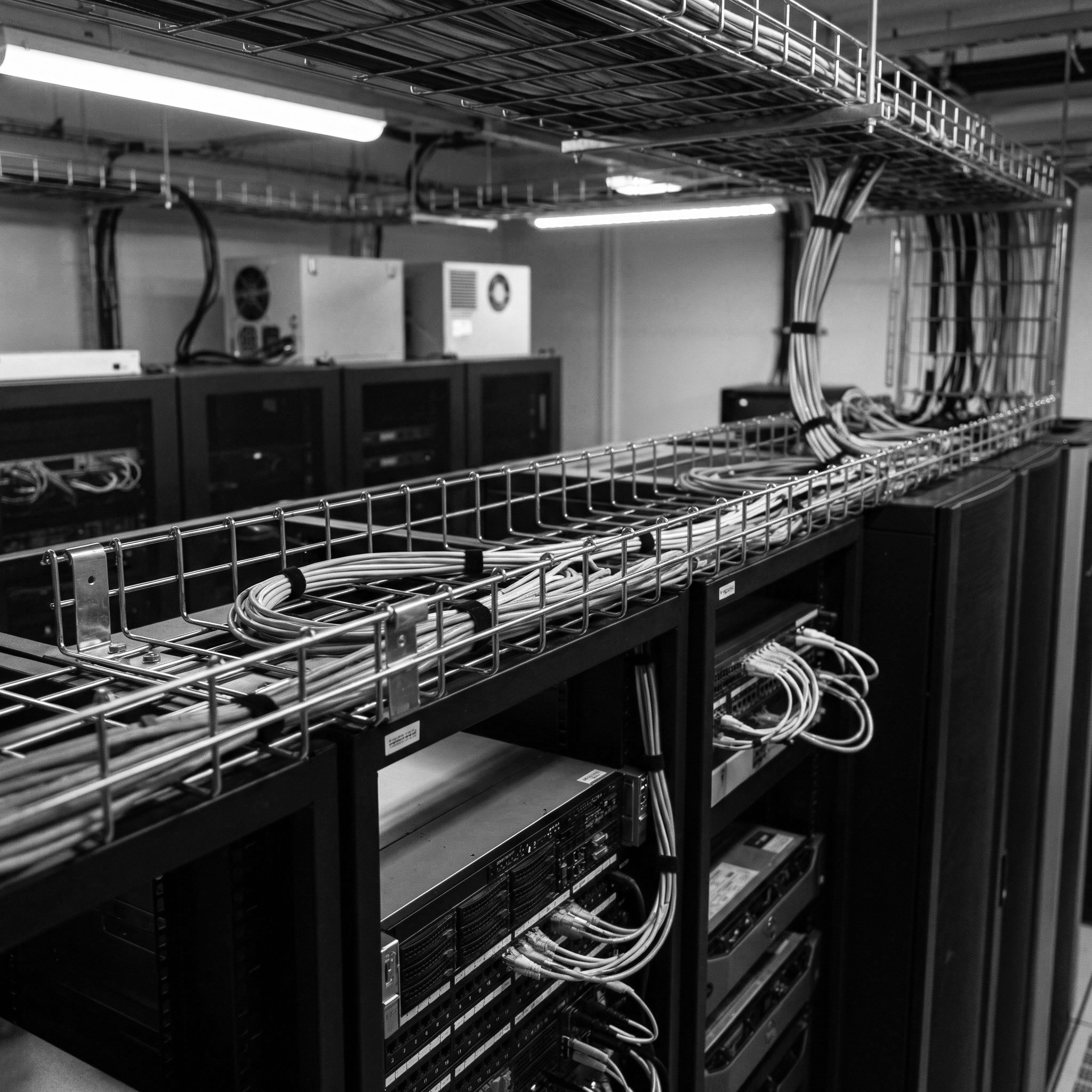 Estantería metálica con cables y dispositivos electrónicos en un entorno de oficina o centro de datos, en escala de grises.