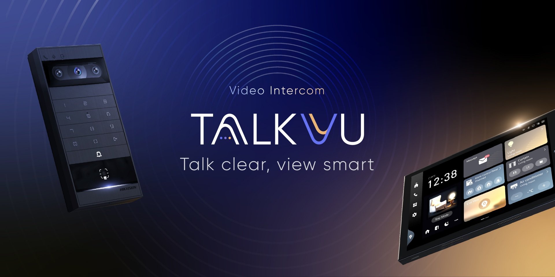 Dispositivo de intercomunicación de vídeo llamado TalkYu con pantalla y cámara para videollamadas, y un control remoto, en un fondo con degradado de azul oscuro a negro.
