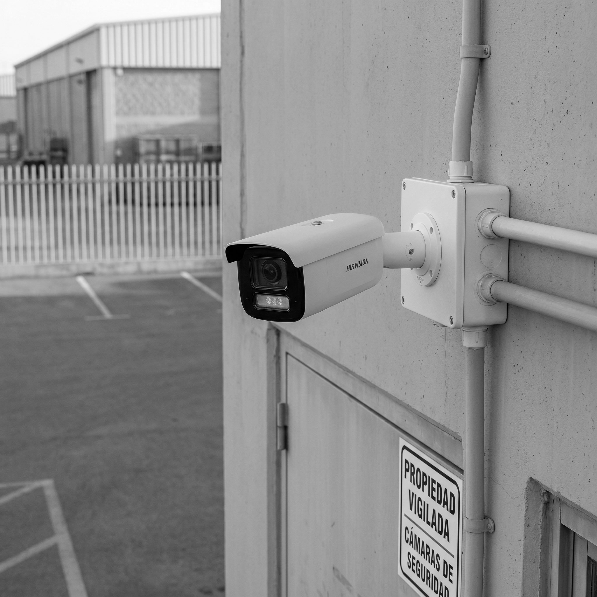 Cámara de vigilancia instalada en la pared de un edificio con señalización que indica vigilancia y seguridad.