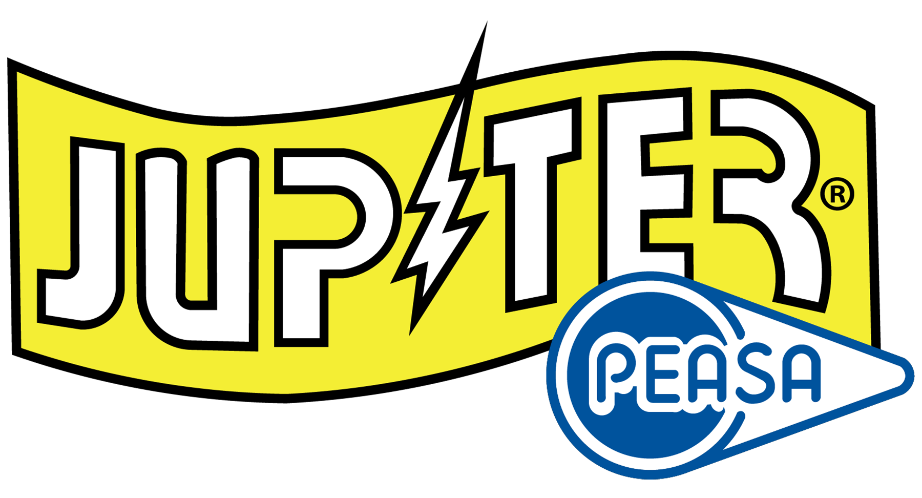 Logotipo de Jupiter con un relámpago central y texto en color blanco, en un fondo amarillo, con un sello azul que dice 'PEASA'.