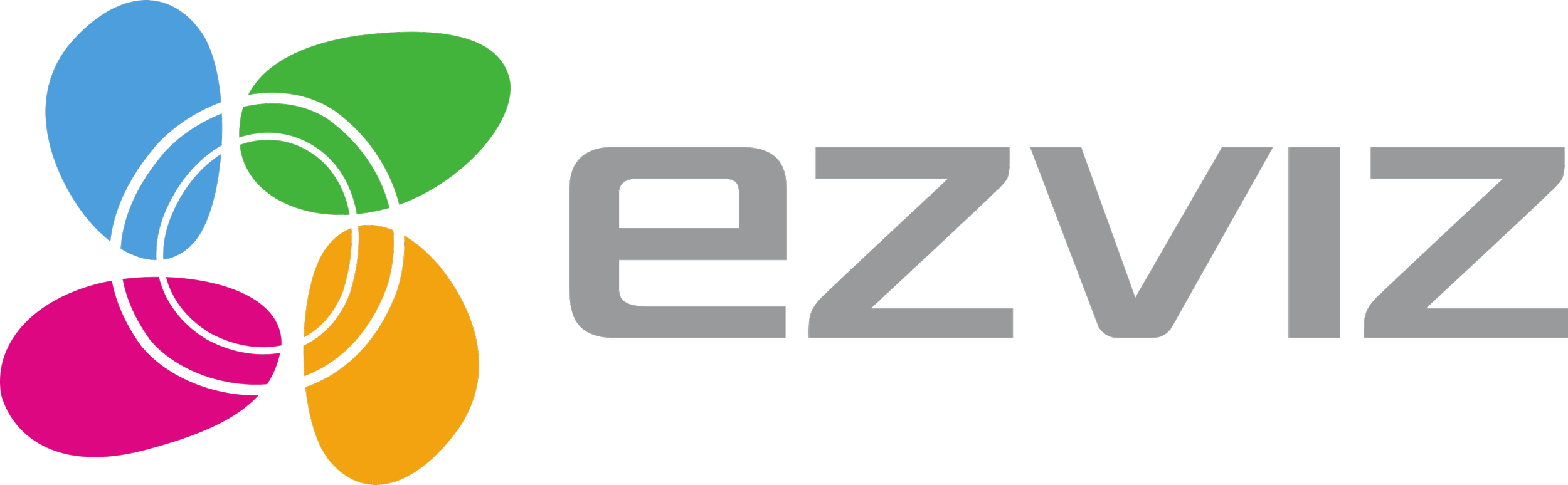Logotipo de EZVIZ que incluye varias figuras de colores y el texto 'EZVIZ' en gris con sombra negra.