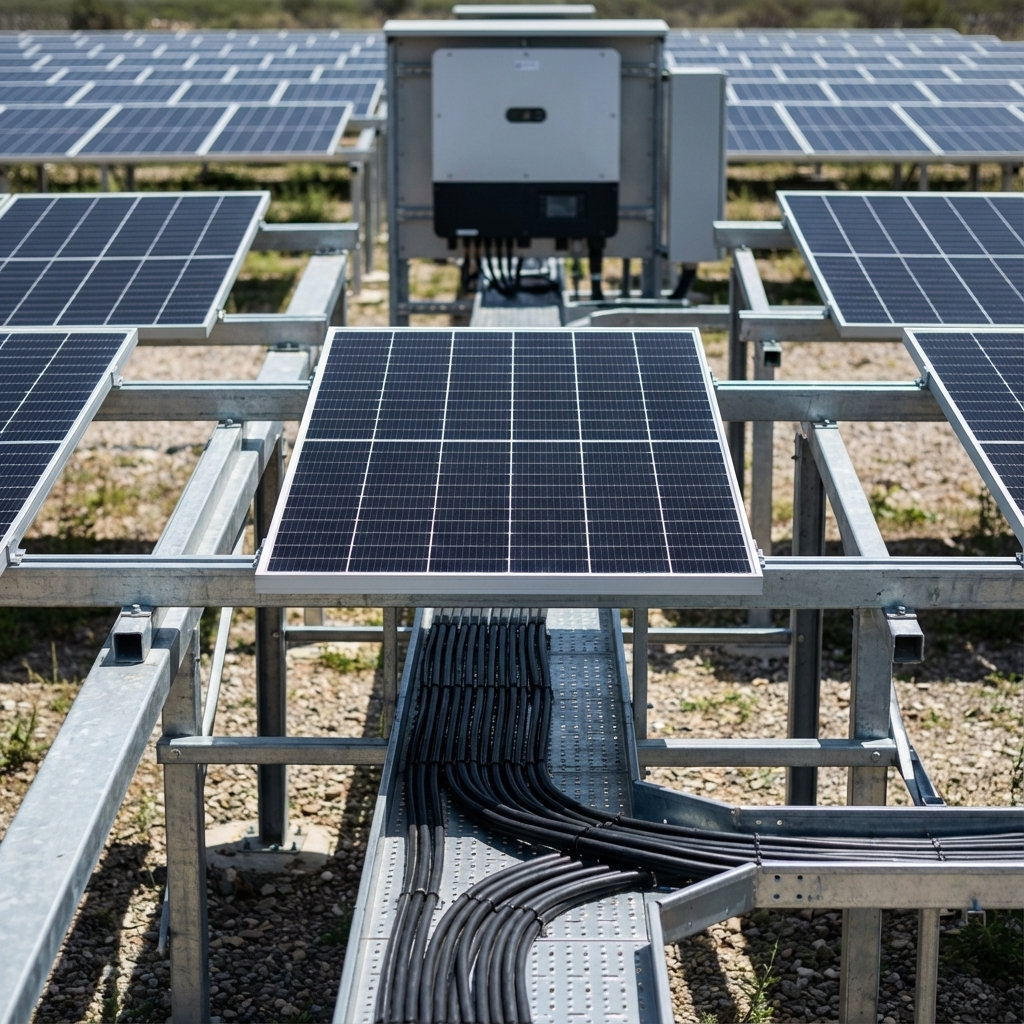 Placas solares instaladas en un campo fotovoltaico con un inversor en el fondo.