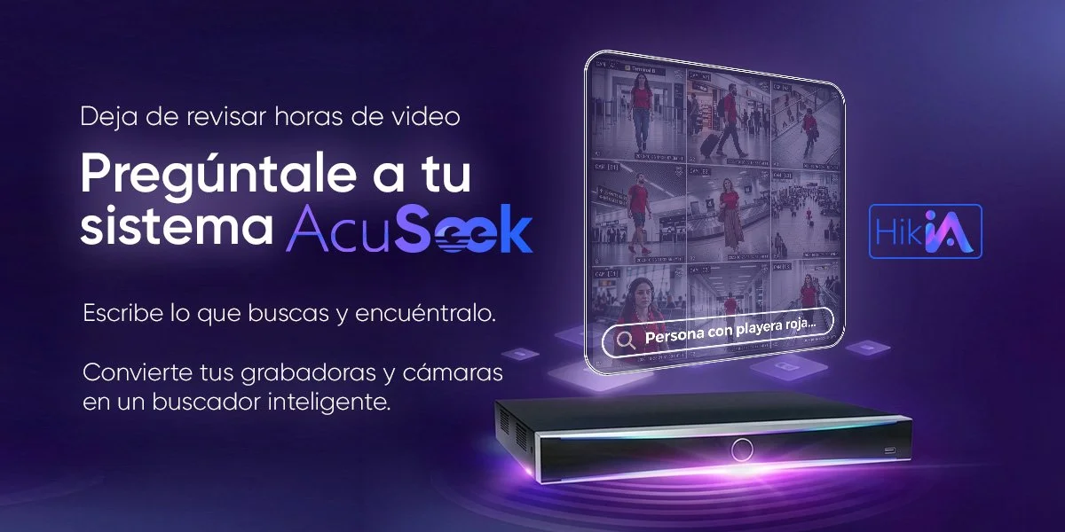 Publicidad de un sistema de vigilancia inteligente que permite buscar en grabaciones con palabras clave, mostrando una pantalla con varias imágenes de vigilancia y un texto que dice 'Persona con playera roja'.