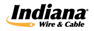 Logotipo de Indiana Wire & Cable con texto en negro y una banda dorada curva.