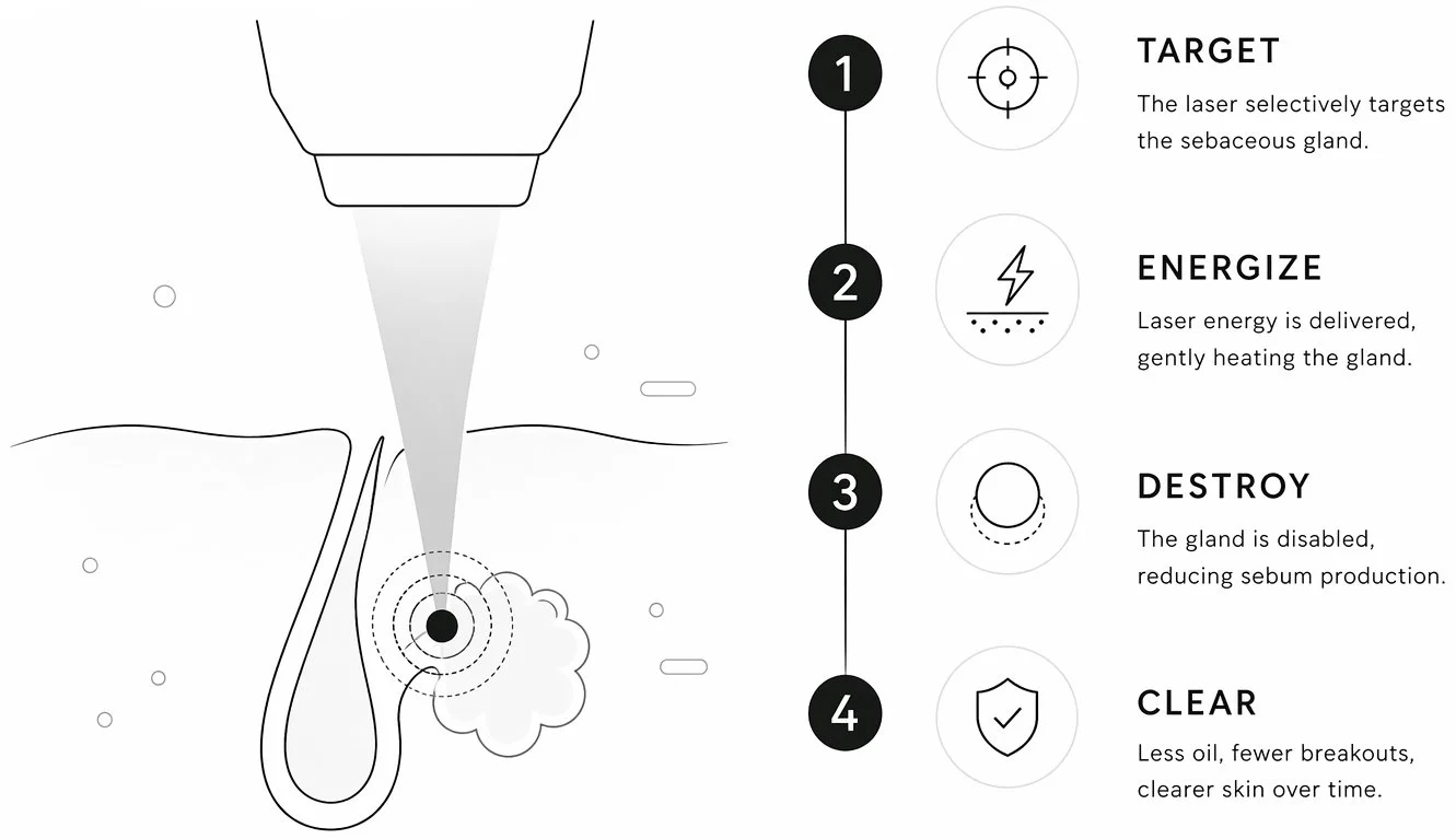 AviClear targets the sebaceous gland, delivers laser energy to heat it, and disables the gland to reduce sebum, resulting in clearer skin over time.