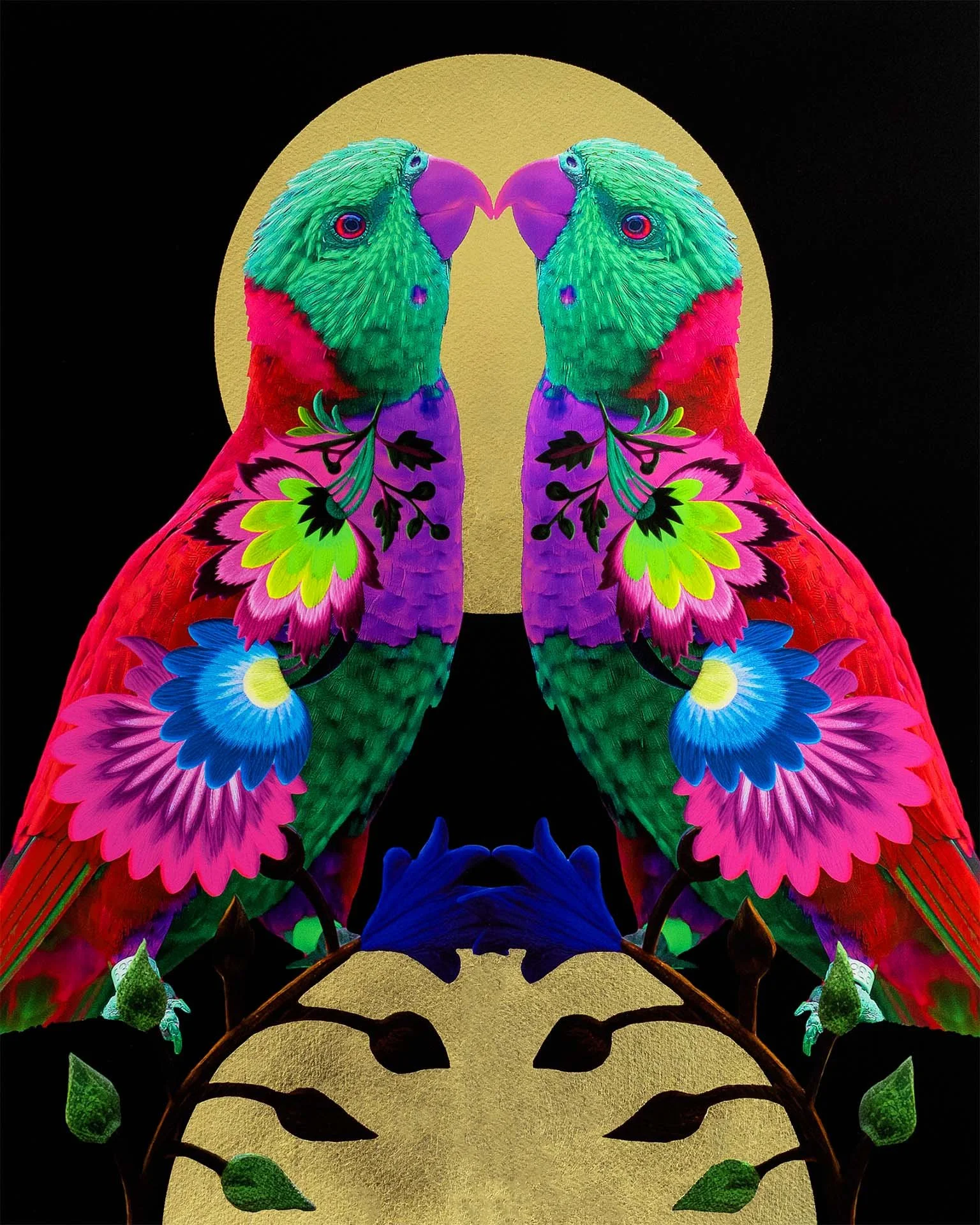 Double Love Bird Giclée Art Print with Gold Leaf