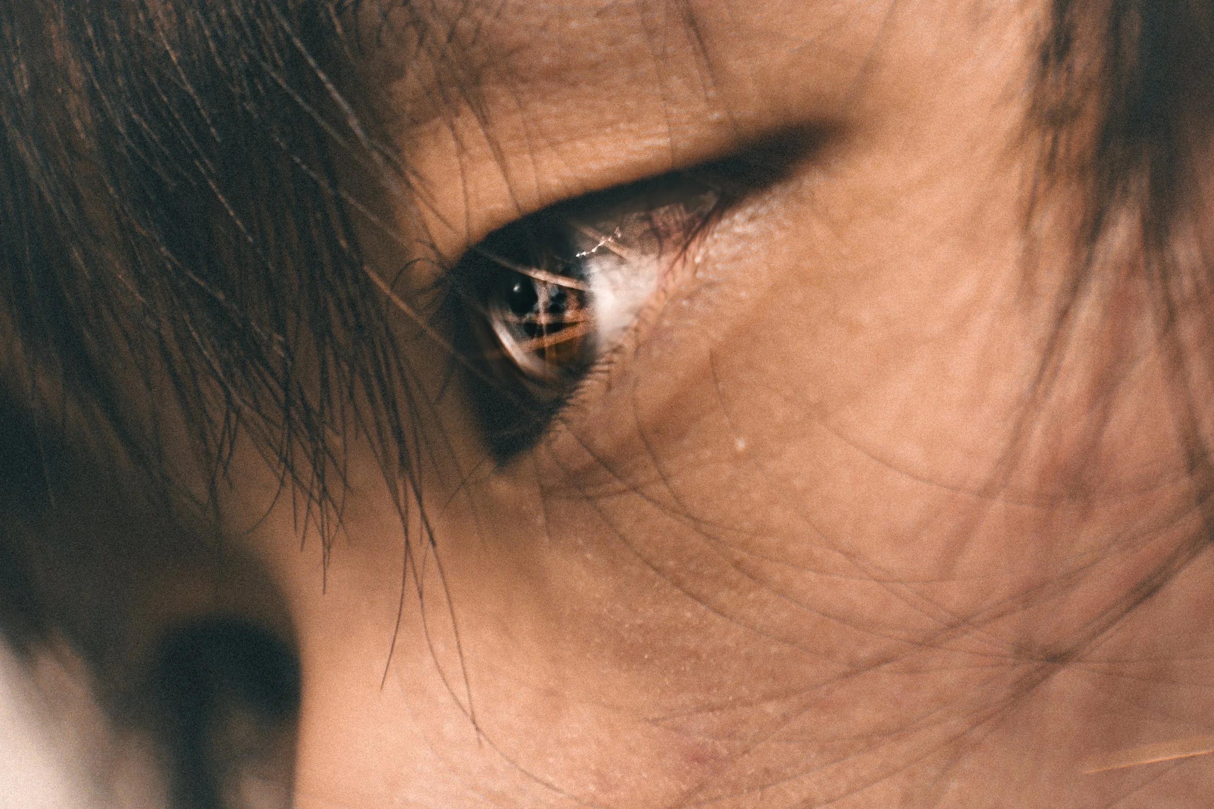 Close-up of a person's eye with visible lashes and detailed reflection in the iris.