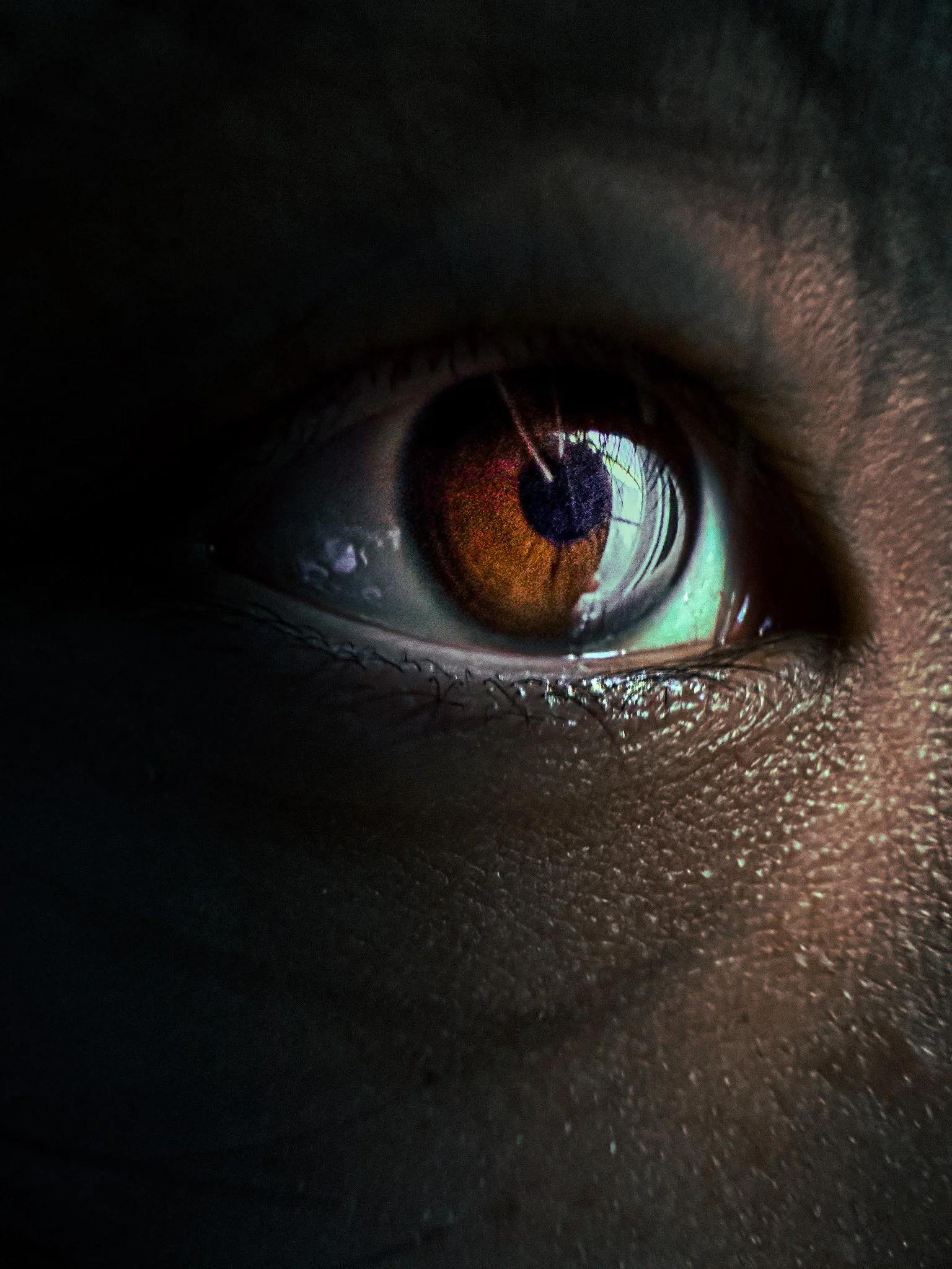 Close-up of a human eye with a brown iris and a reflection of a window and curtain in the pupil.