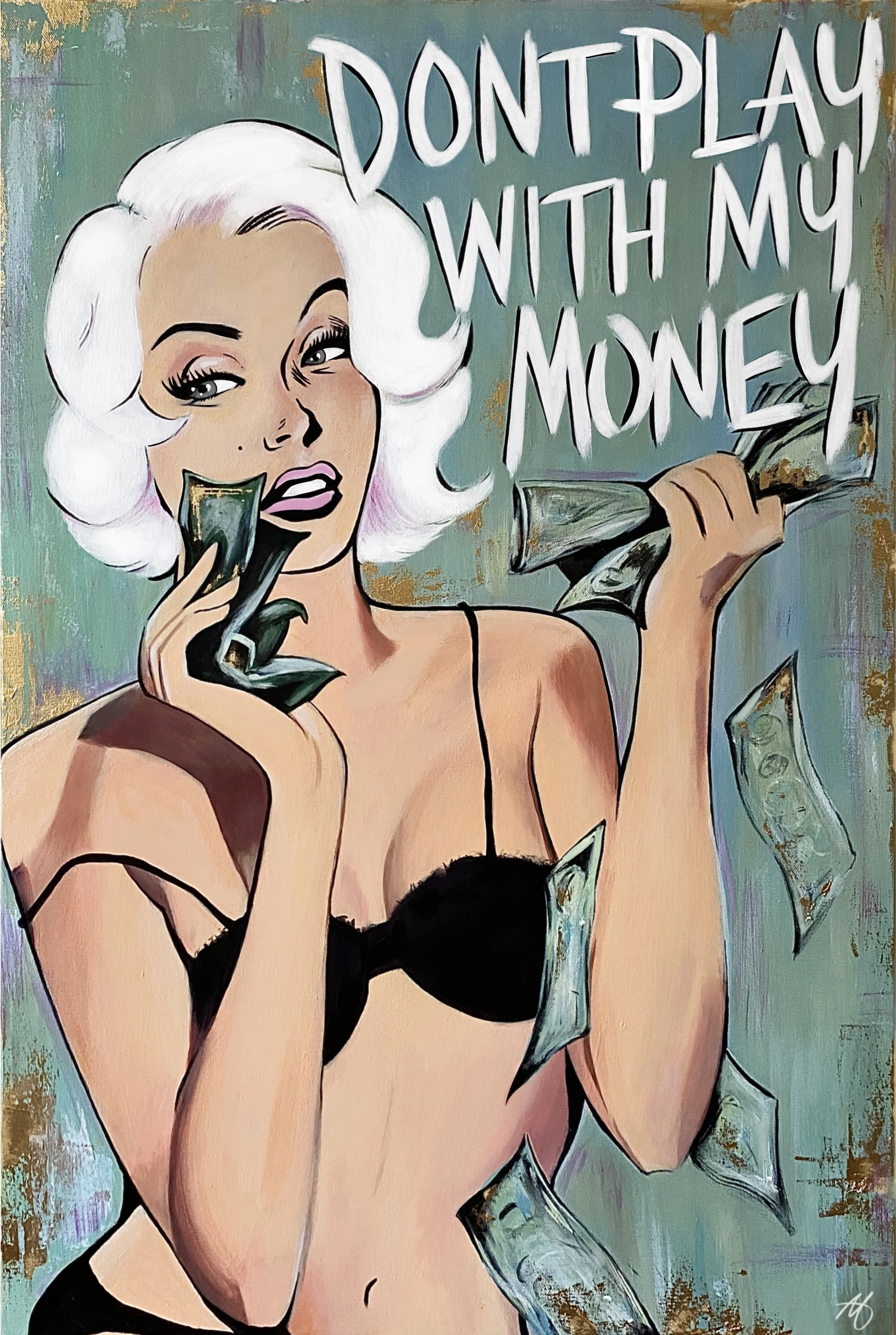 pulp art, money paintings, paintings woman with money, pop art money, don't play with my money
