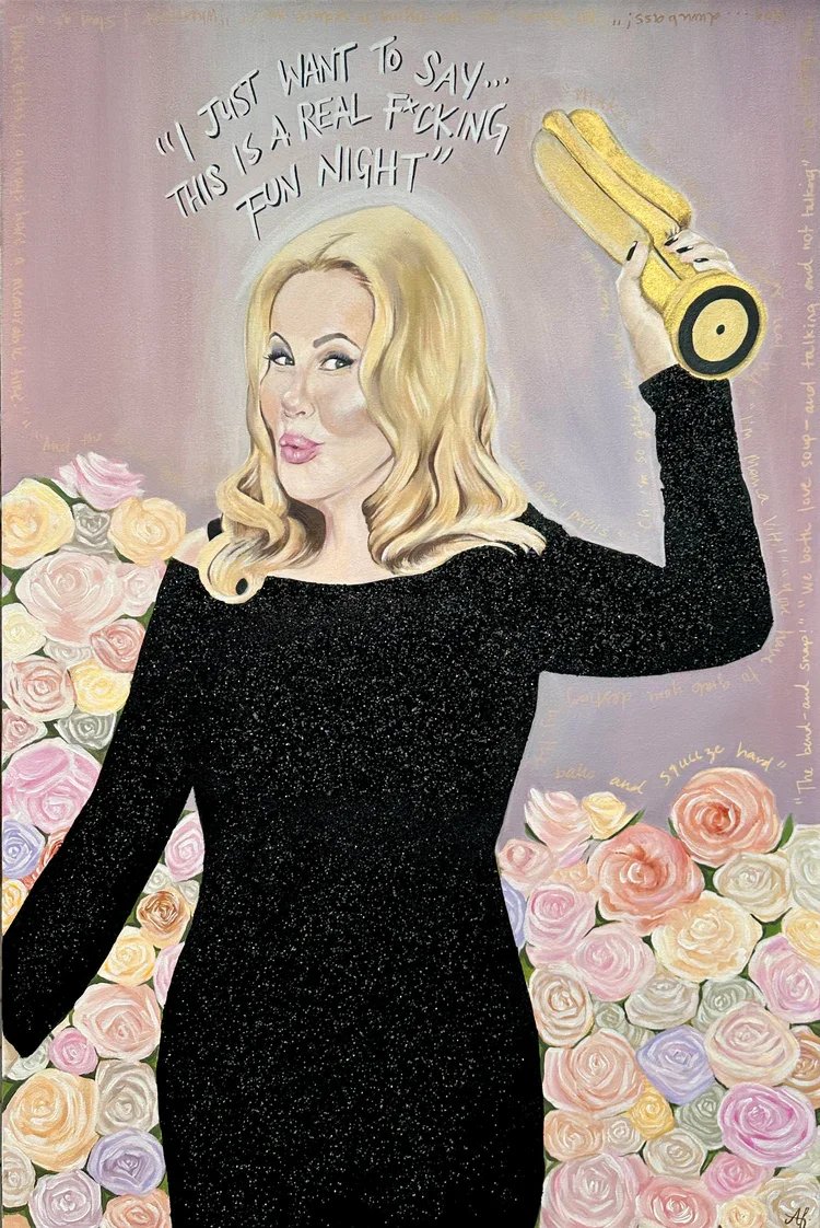 Jennifer coolidge, tanya white, white lotus painting, golden globes painting, jennifer coolidge hot dog