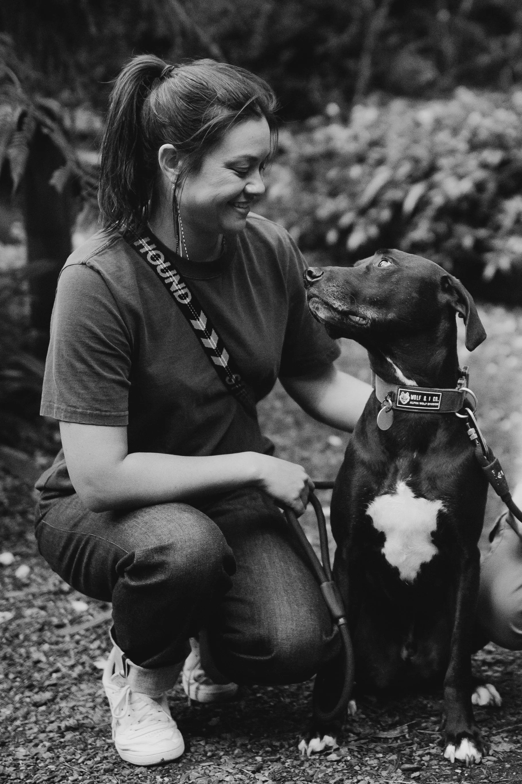 A woman with a ponytail smiling at a large dog, both looking at each other, outdoors with a blurred background. The woman is squatting, wearing a t-shirt, jeans, and sneakers, with a camera strap around her neck. The dog, wearing a collar and harness, stands on the ground with one paw slightly raised.