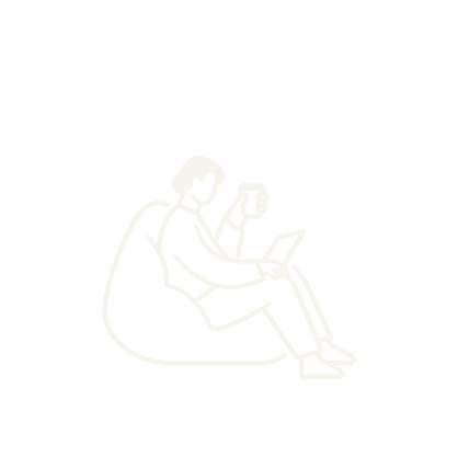 Line drawing of a person sitting on a bean bag, using a smartphone and reading a tablet.
