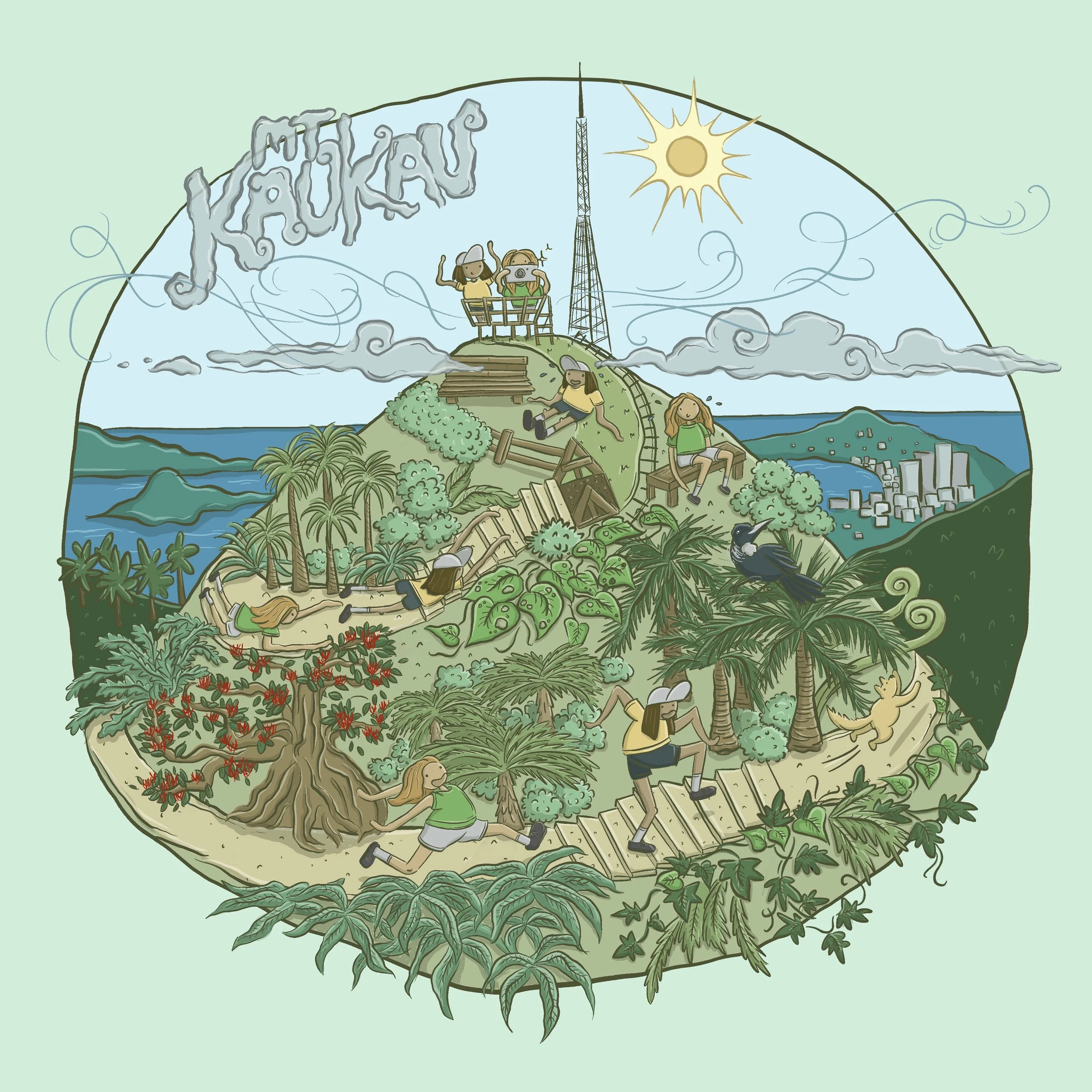 Illustration of the Earth's surface with people taking photographs, trees, and cityscape, overlaid with cloud shapes and a clear sky.